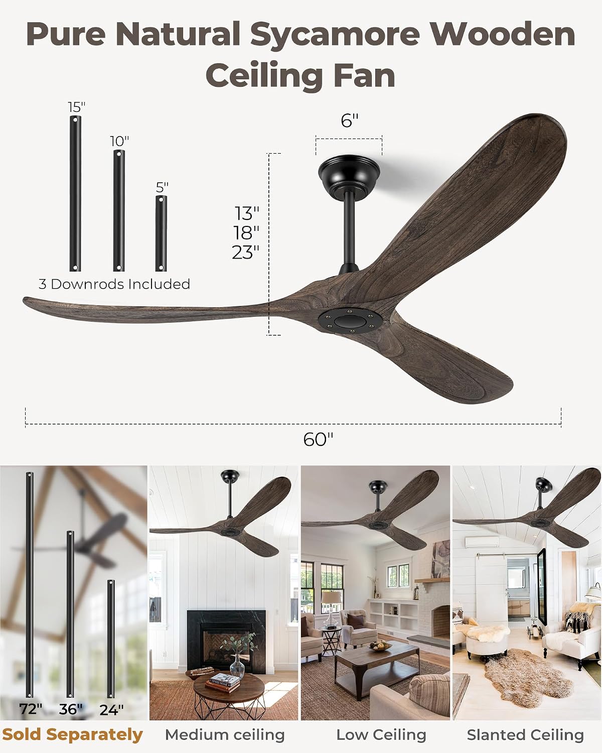 60' Ceiling Fans Without Light, Solid Wood Ceiling Fan No Light with Remote Control and DC Motor, Outdoor Ceiling Fan with 3 Blades, Outdoor fan for Patios - Deep Brown