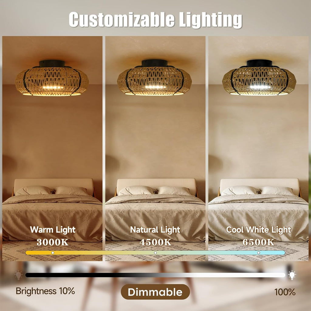 ocioc 20' Caged Ceiling Fans with Lights and Remote,Fandelier Ceiling Fan with Light,Flush Mount Low Profile,Bladeless,Quiet Reversible DC Motor,Boho Rattan Ceiling Fan for Bedroom