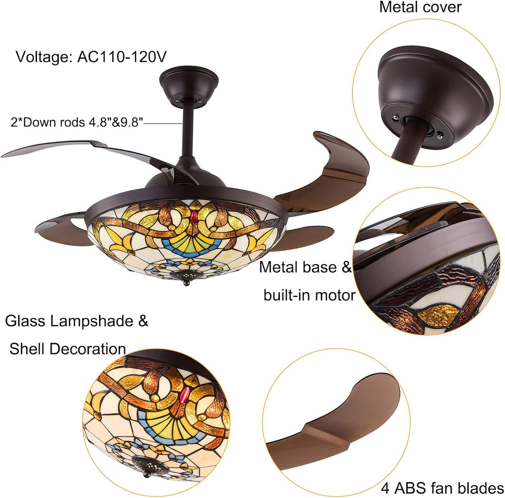 42 Inch Ceiling Fan with Light Classic LED Chandelier Remote Control Retractable Blades 3 Speeds 3 Light Changes Pendant Light, Silent Motor Craft-made Colorful Lamps for Bedroom Living Room