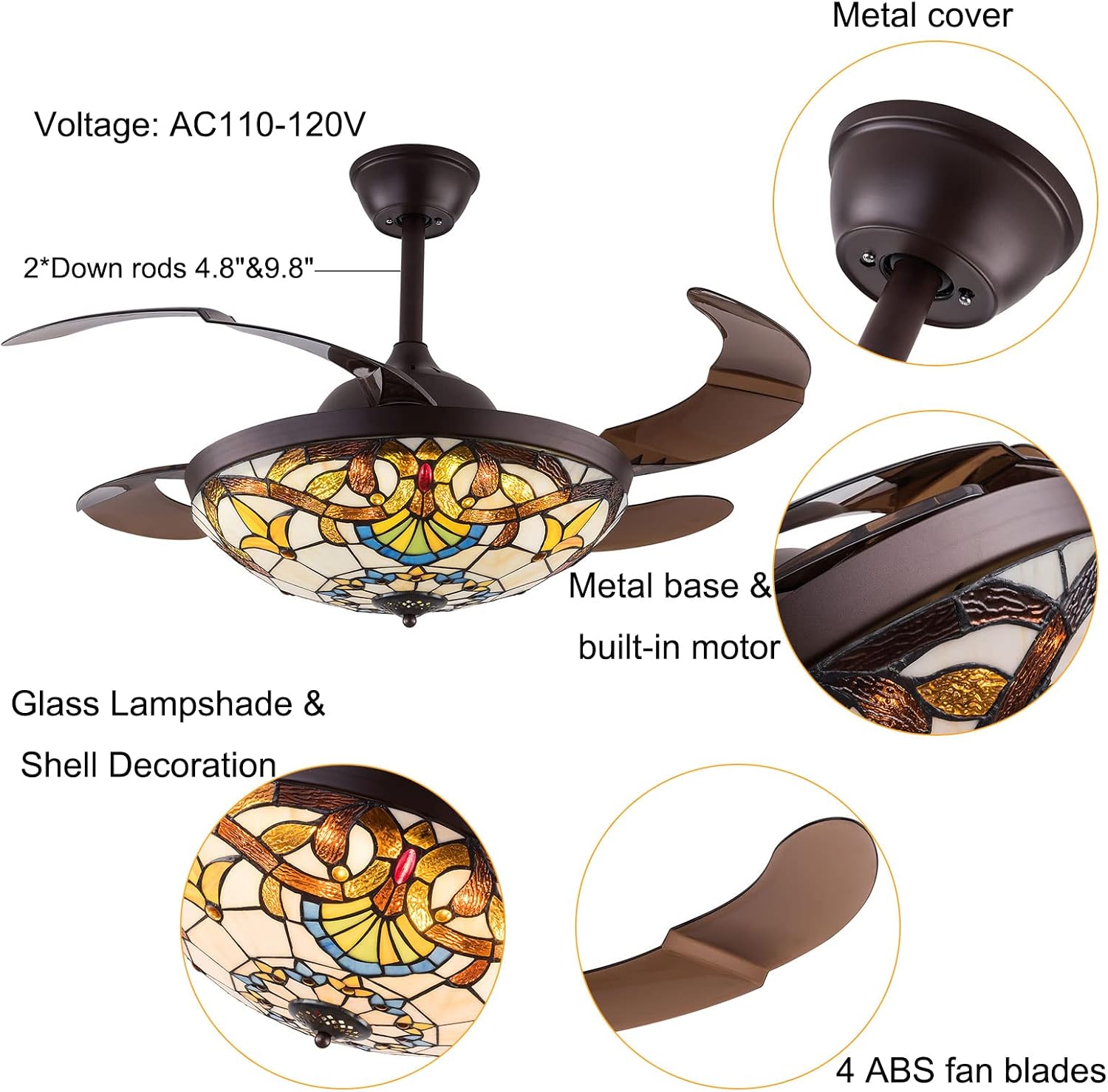 42 Inch Ceiling Fan with Light Classic LED Chandelier Remote Control Retractable Blades 3 Speeds 3 Light Changes Pendant Light, Silent Motor Craft-made Colorful Lamps for Bedroom Living Room