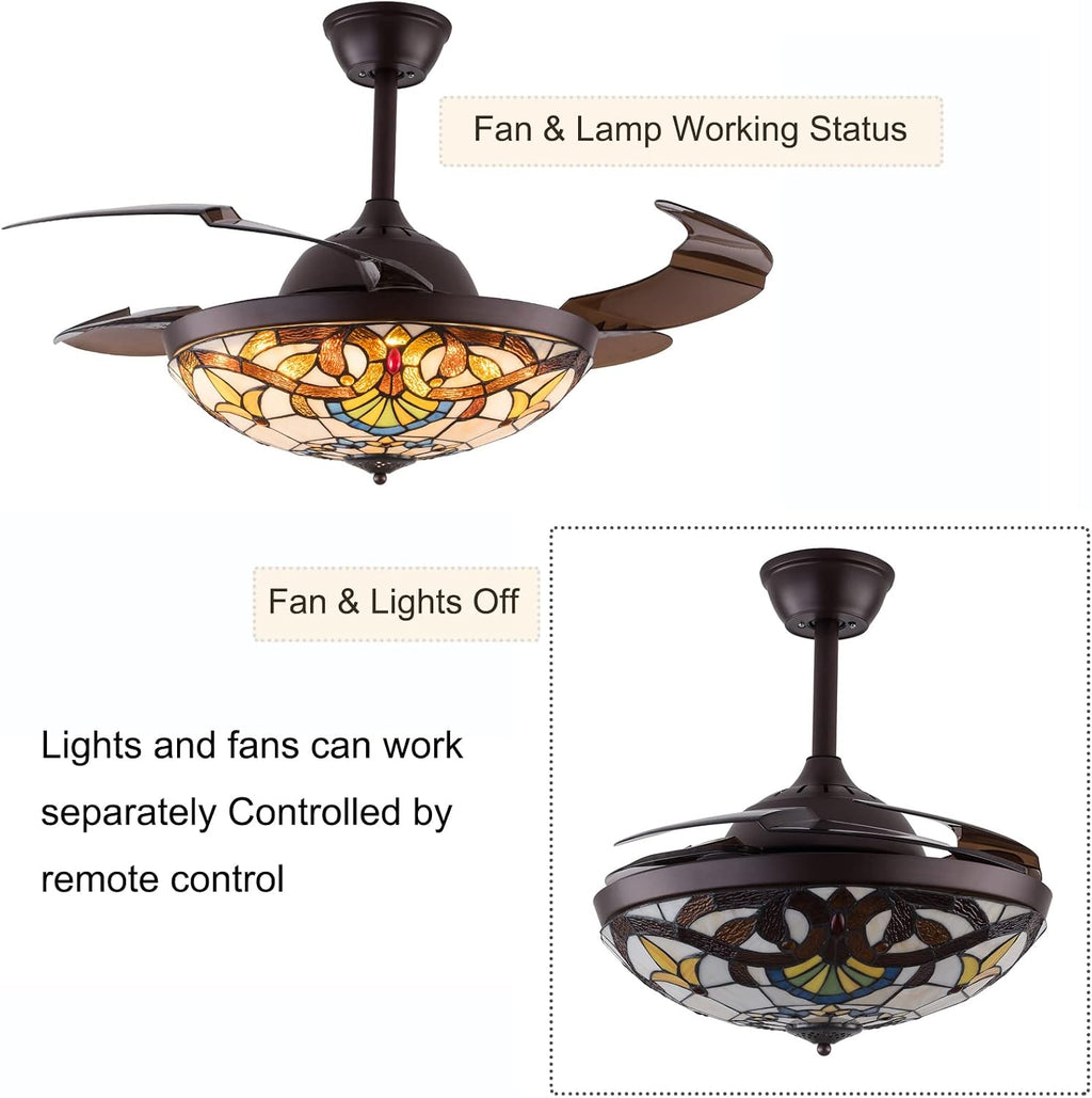 42 Inch Ceiling Fan with Light Classic LED Chandelier Remote Control Retractable Blades 3 Speeds 3 Light Changes Pendant Light, Silent Motor Craft-made Colorful Lamps for Bedroom Living Room