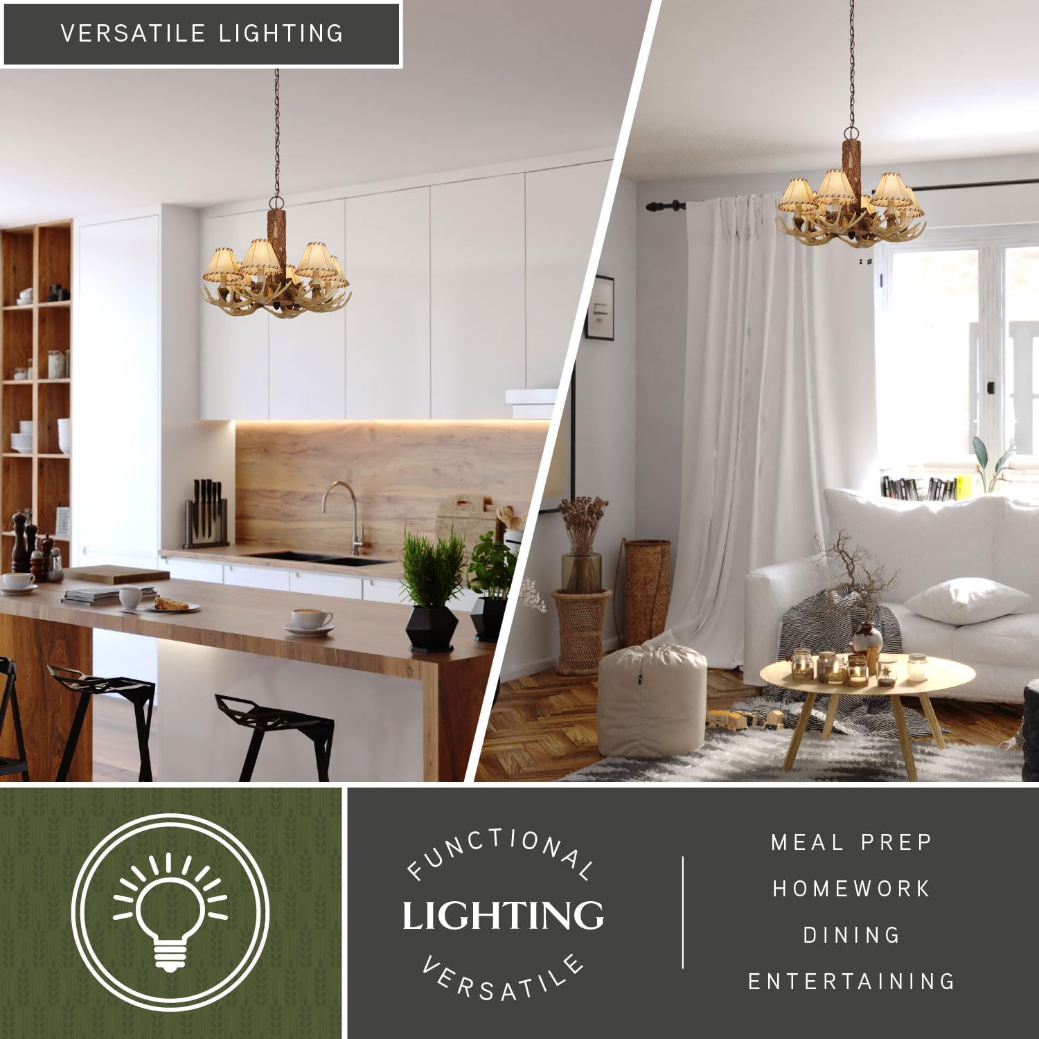 VAXCEL Lodge 6 Light Cream Rustic Antler Chandelier