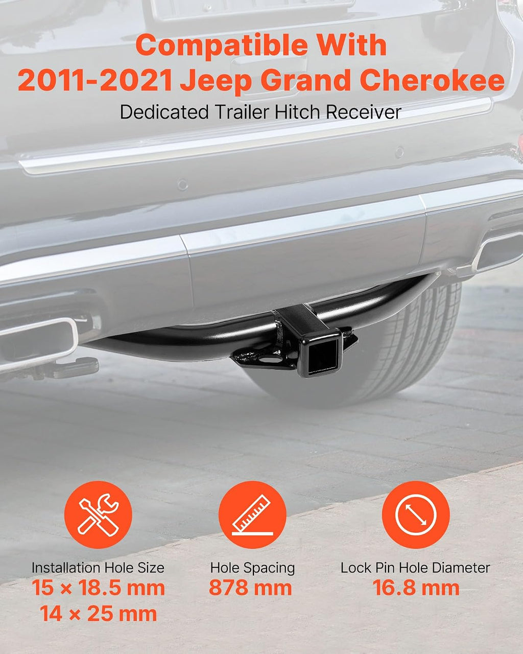 VEVOR Class 3 Trailer Hitch, 2-Inch Receiver, Compatible with 2011-2021 Jeep Grand Cherokee, Q345B Steel Tube Frame, Multi-Fit Hitch to Receive Ball Mount, Cargo Carrier, Bike Rack, Tow Hook, Black