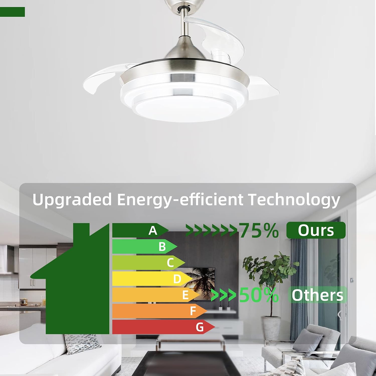 Dawn Whisper 42' Modern Retractable Ceiling Fan with Dimmable LED Light and Remote Control for Living Room Bedroom Restaurant, Silver Brushed Nickel