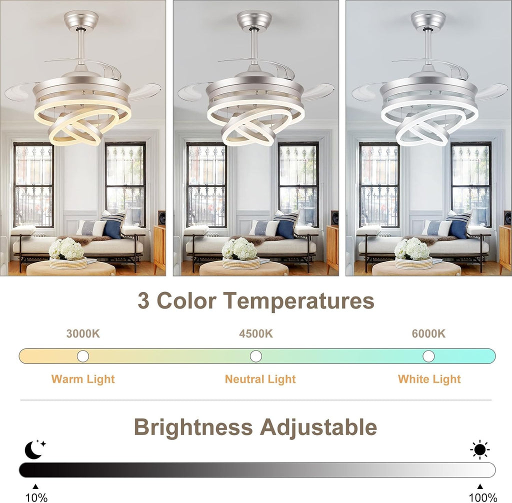 42' Modern Retractable Ceiling Fan with Lights, Fandelier Ceiling Fan with LED Light and Remote&App Control, 6 Speed Reversible 3CCT Chandelier Fan for Bedroom Living Room Dining Room Silver