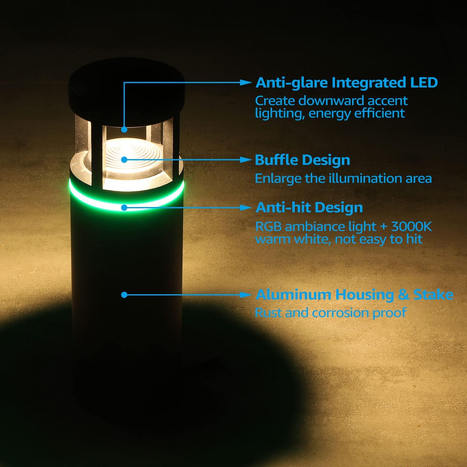 LEONLITE 8-Pack RGB Low Voltage Path Lights, 5W LED Pathway Lights, Unique Light Pattern, Outdoor Landscape Lighting for Driveway, Garden, 12-24V AC/DC, IP65, 3000K Warm White, Black, Aluminum