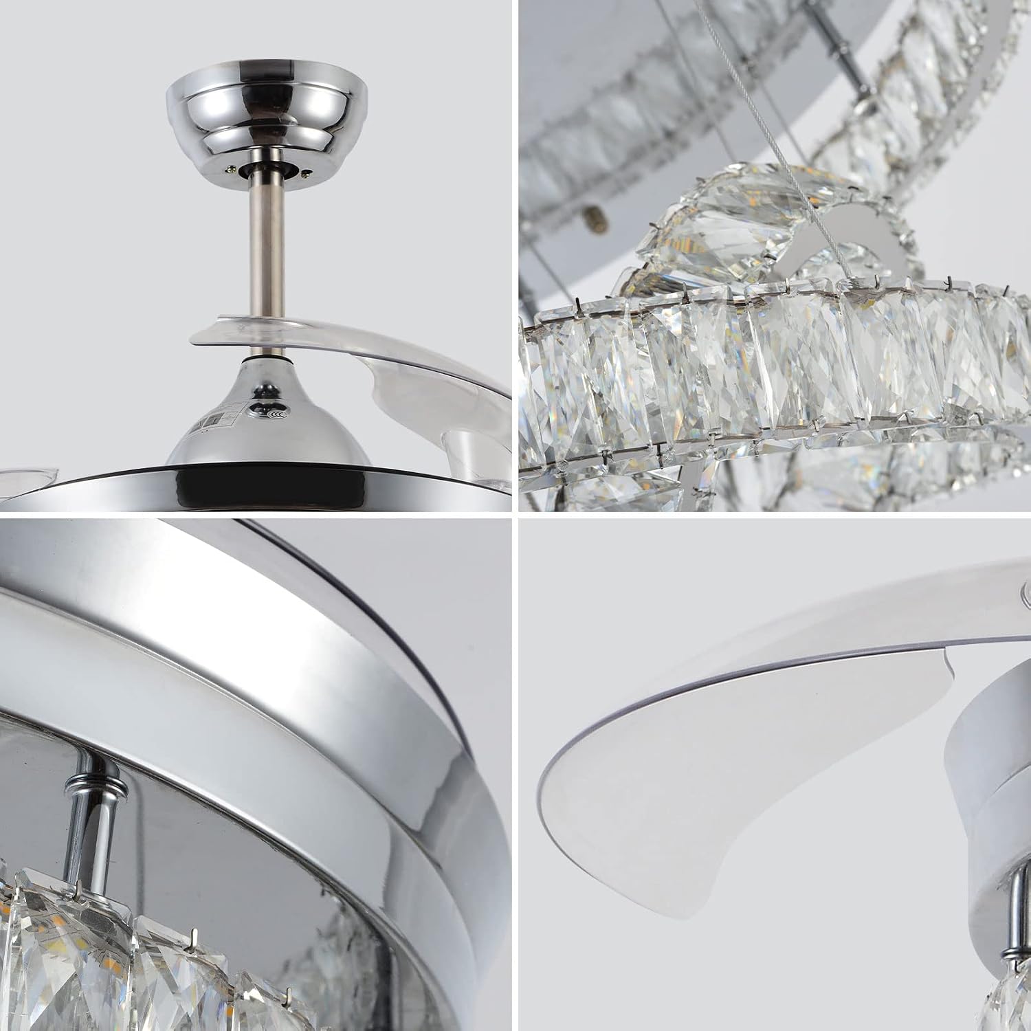 42' Dimmable Fandeliers Modern Crystal Ceiling Fan with Lights LED Invisible Fandelier Crystal Chandelier Fan 3 LED Color Change with Memory Function
