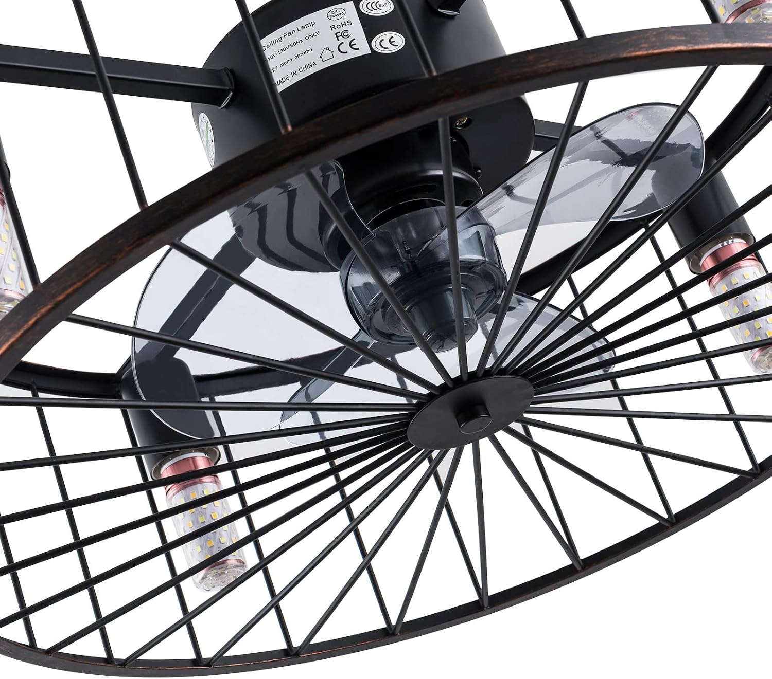 LOYALHEARTDY Black Caged Ceiling Fan with Lights Remote Control, 18' Rustic Bladeless Ceiling Fan Kids Fan, Modern Down rod Mount Industrial Bedroom Ceiling Fan