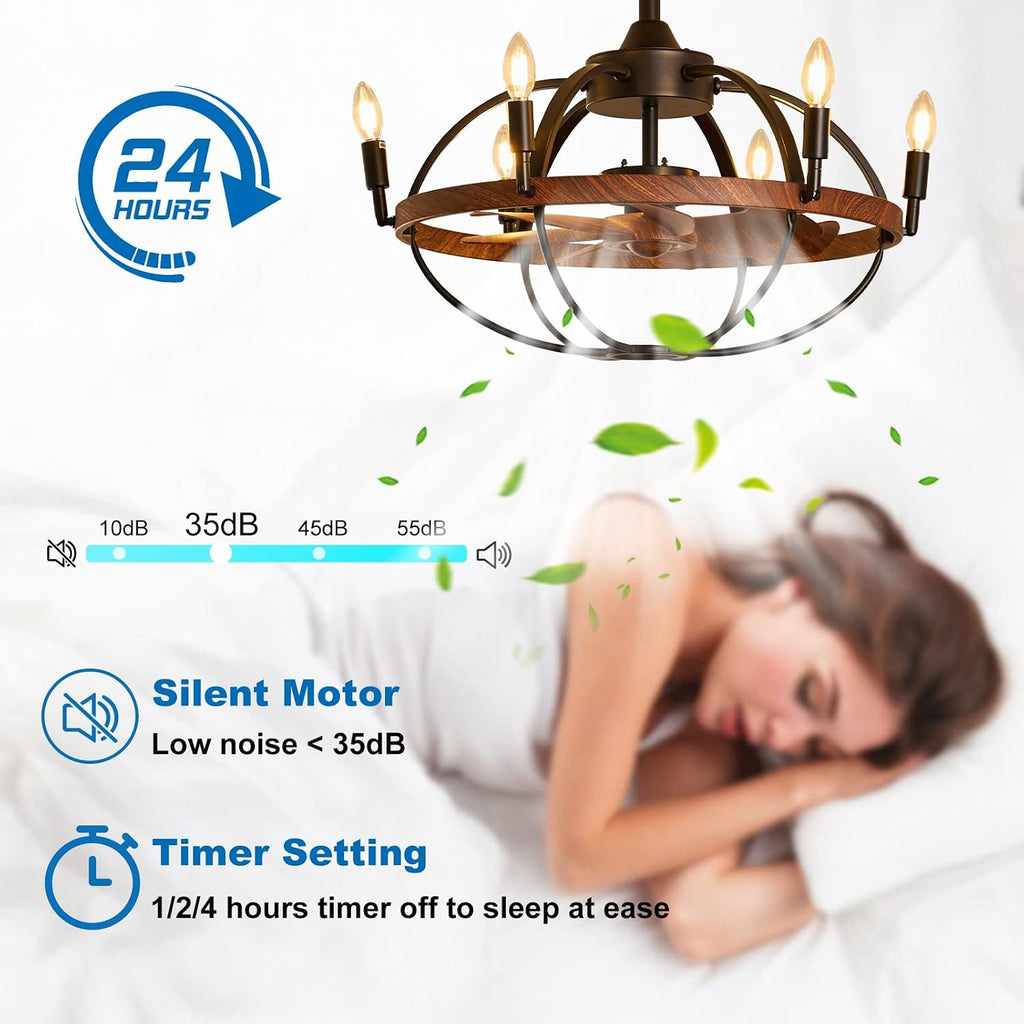 27.6' Farmhouse Ceiling Fan with Light and Remote Control, Vintage Cage Candle Chandelier Fans Rustic Enclosed Bladeless Fandelier for Kitchen Dining Room Living Room