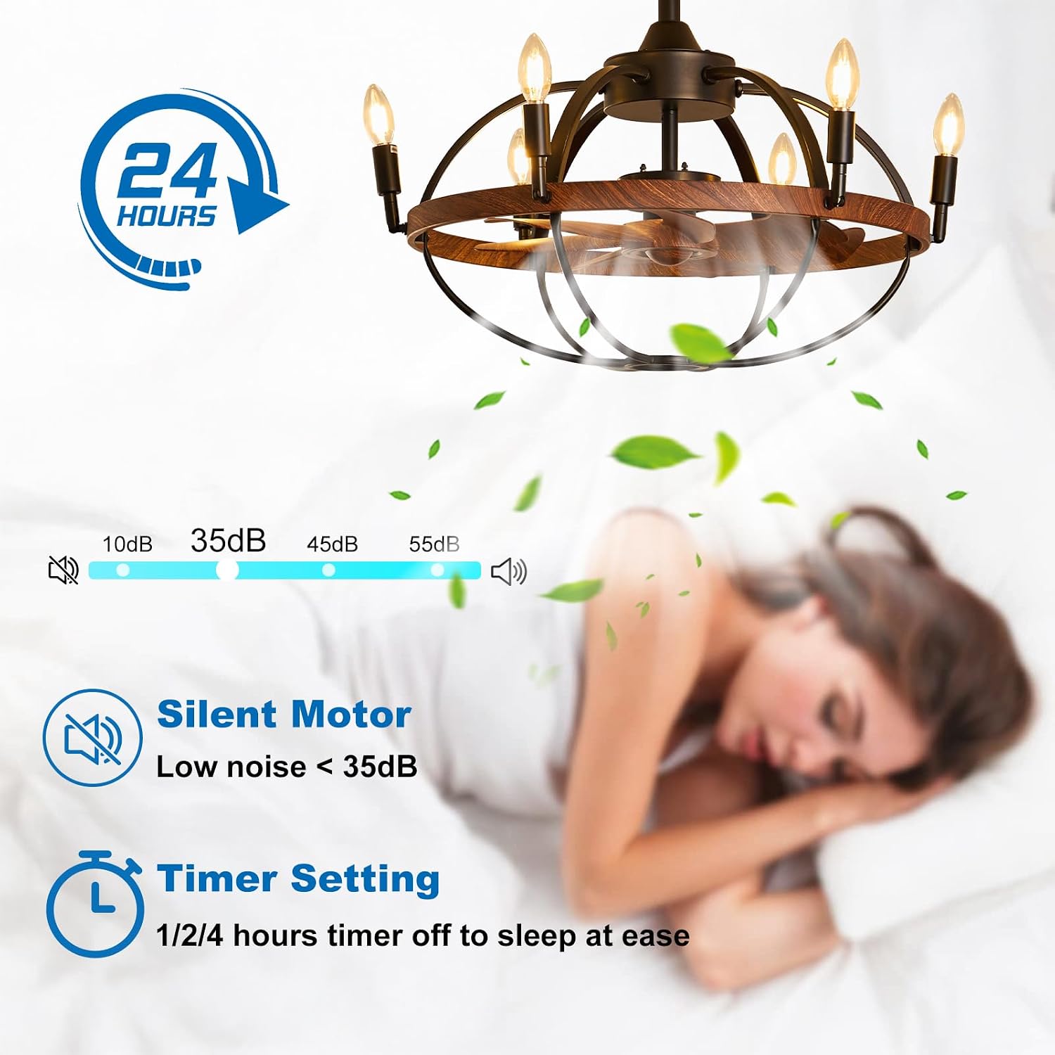 27.6' Farmhouse Ceiling Fan with Light and Remote Control, Vintage Cage Candle Chandelier Fans Rustic Enclosed Bladeless Fandelier for Kitchen Dining Room Living Room