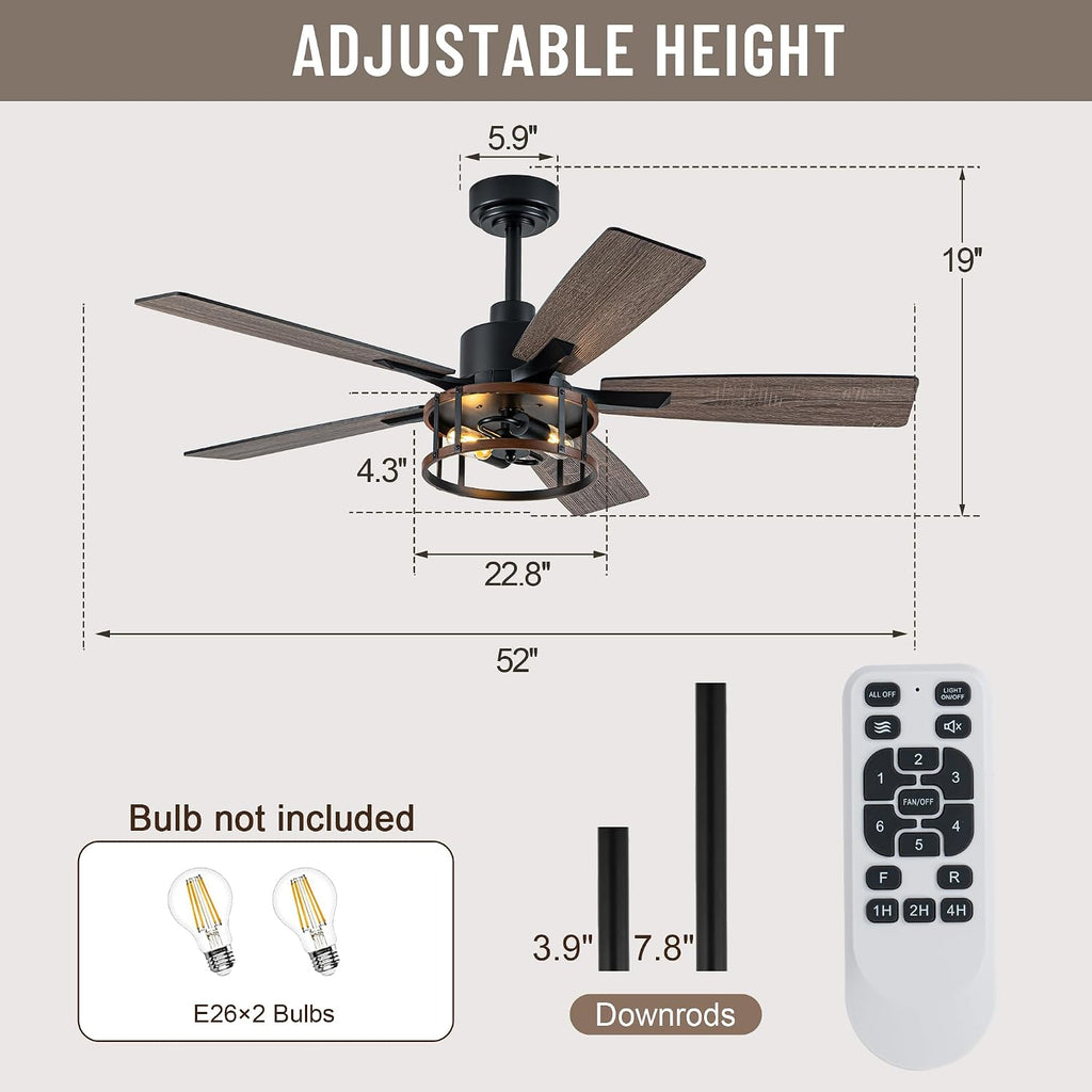 52IN Farmhouse Ceiling Fans with Lights and Remote,Chandelier Ceiling Fan with Reversible DC Motor,5 Double Finish Wood Blades,6 Speeds,Rustic Caged Ceiling Fan for Living Room,Dining Room,Bedroom