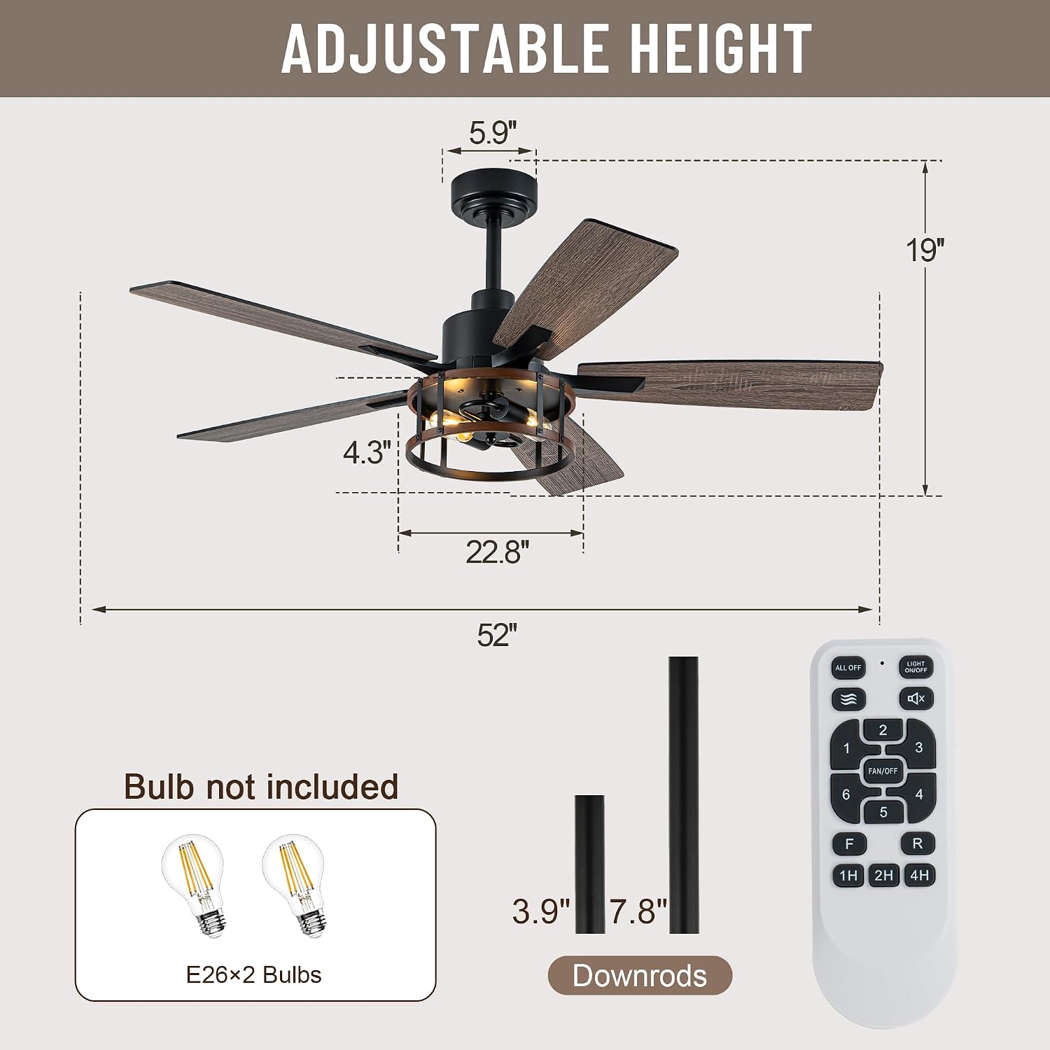 52IN Farmhouse Ceiling Fans with Lights and Remote,Chandelier Ceiling Fan with Reversible DC Motor,5 Double Finish Wood Blades,6 Speeds,Rustic Caged Ceiling Fan for Living Room,Dining Room,Bedroom