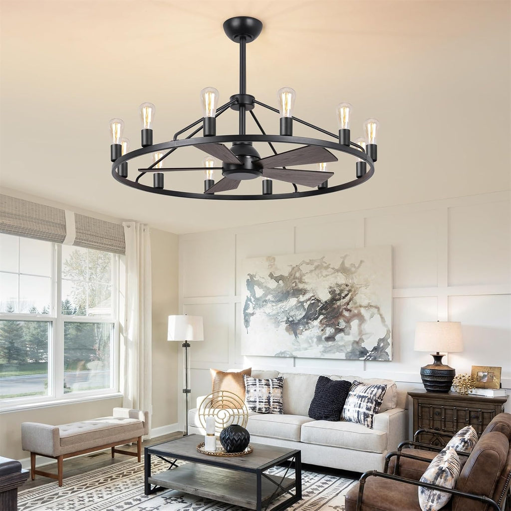 44' Wagon Wheel Chandelier with Fans, Black Farmhouse Ceiling Fan with Light and Remote, Rustic Large Fandelier for Living Room, Adjustable Height, Farmhouse Chandelier Light Fixtures