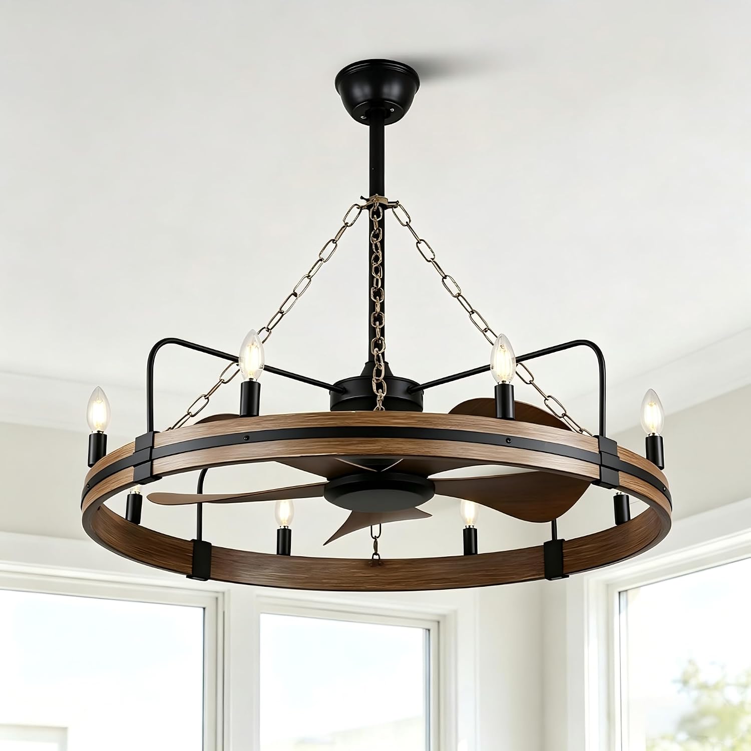 36' Wagon Wheel Chandelier Ceiling Fan with Lights and Remote, Rustic Caged Ceiling Fan 8 Lights Farmhouse Fandelier for Dining Room Bedroom Living Room, Reversible DC Motor 6 Speeds