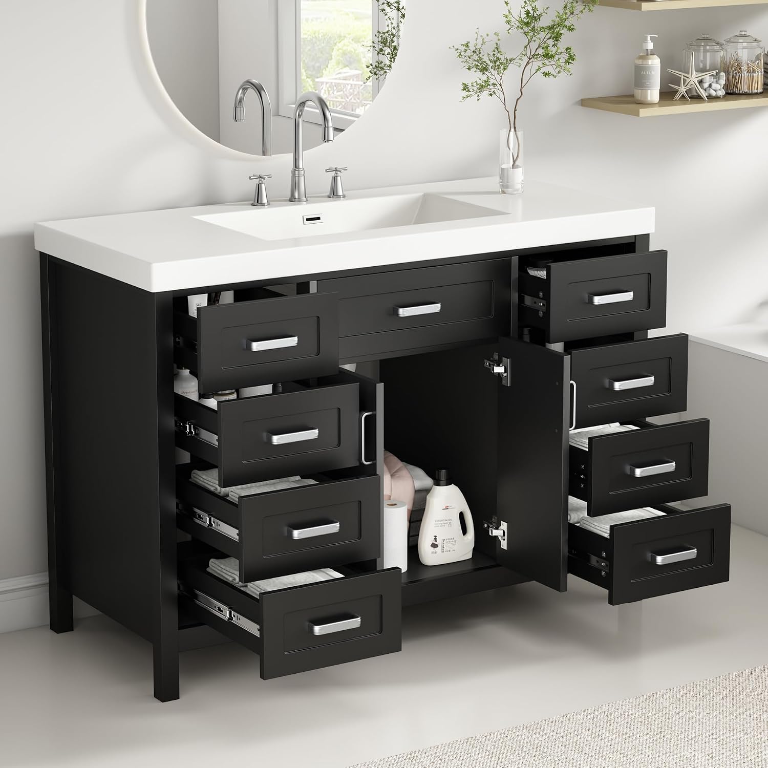 48' Bathroom Vanity Sink Top Only, Predrilled 3 Faucet Holes Fit for 8' Faucet(Not Included), Chrome-Finish Overflow,White