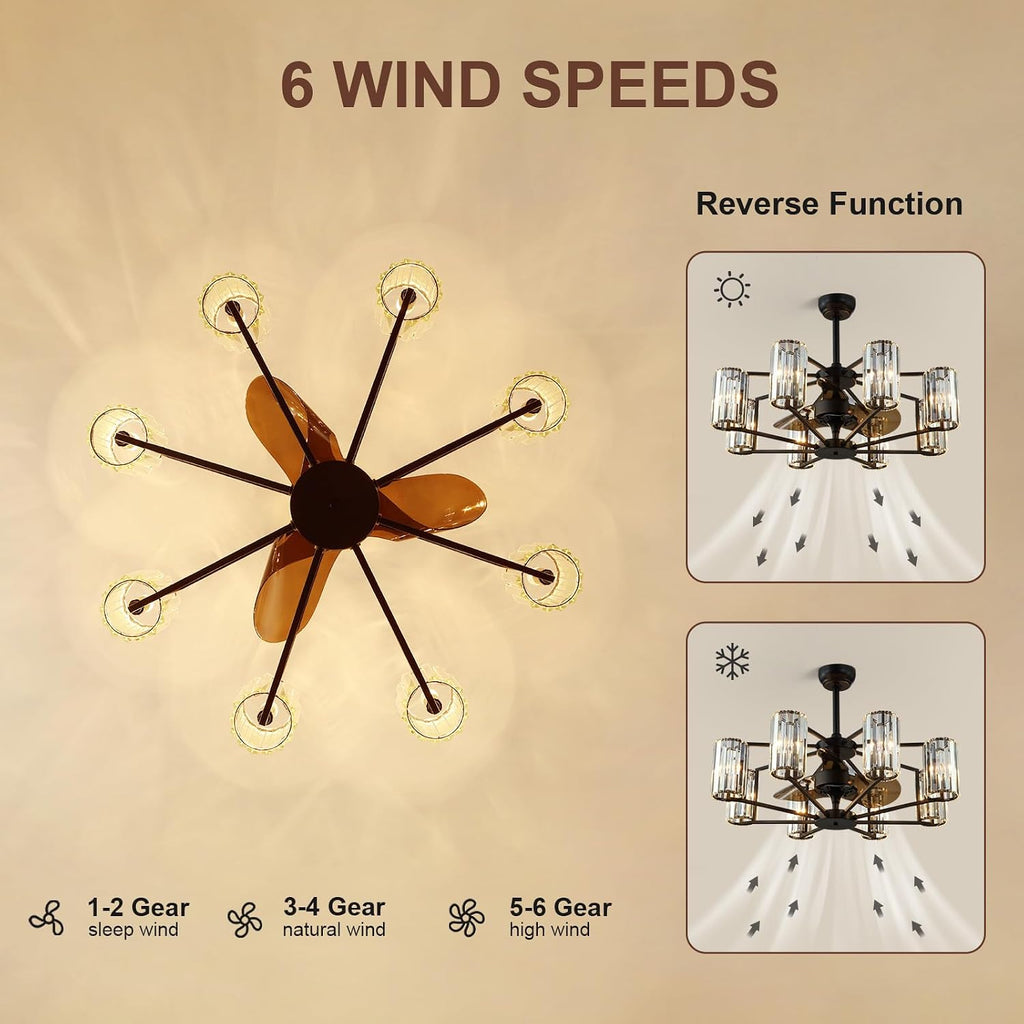 Crystal Chandelier Ceiling Fan Vintage Fandelier Luxury Caged Ceiling Fan with Light and Remote for Dining Room Living Room Bedroom Kitchen Farmhouse Entry, Black, Dia 34 inch, 8 Lights