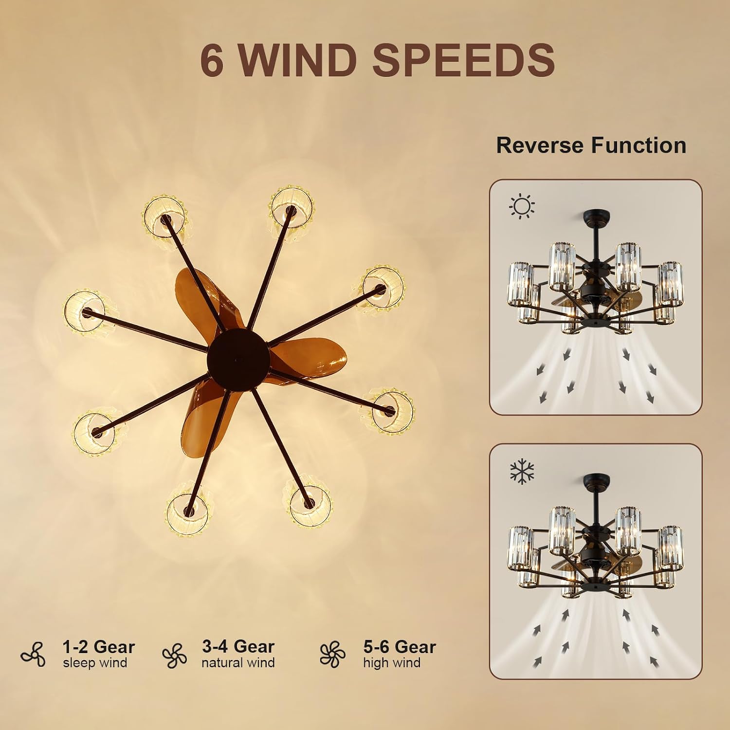 Crystal Chandelier Ceiling Fan Vintage Fandelier Luxury Caged Ceiling Fan with Light and Remote for Dining Room Living Room Bedroom Kitchen Farmhouse Entry, Black, Dia 34 inch, 8 Lights