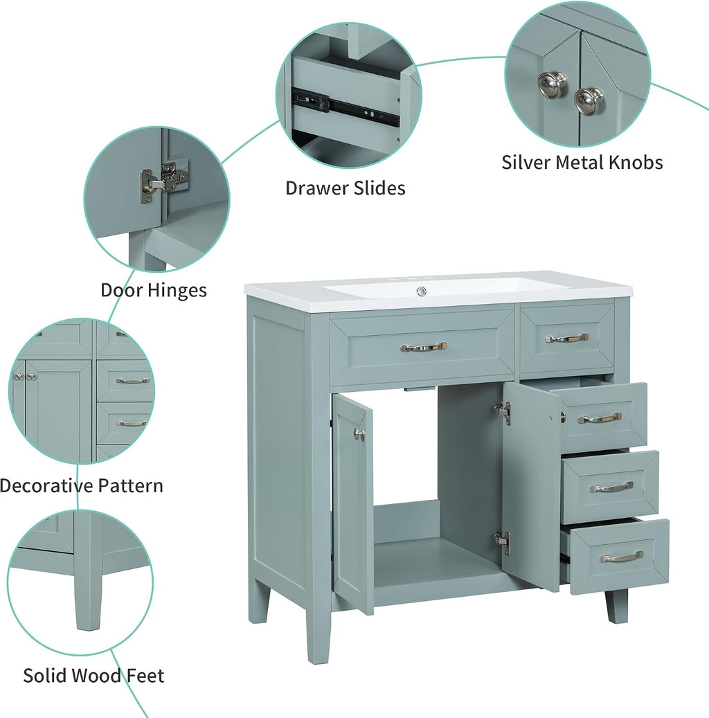36' Bathroom Vanities Cabinet with Ceramic Sink Top, Two Doors and Three Drawers, Soft-Closing Door, Solid Wood Legs, Green