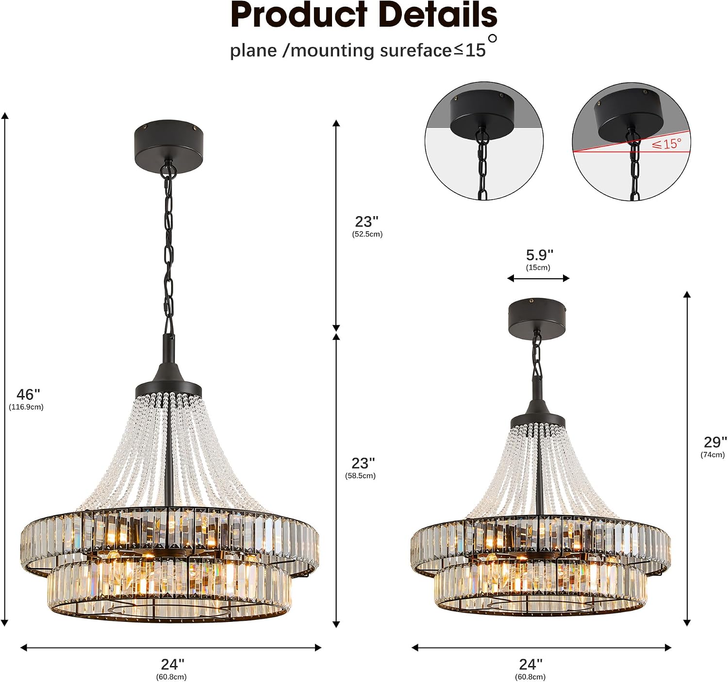 24' Farmhouse Crystal Chandelier Ceiling Fan with Lights, Remote & App Control, 6-Speed Reversible Large Fandelier, Double Layer Design for Bedroom, Living Room (Black)