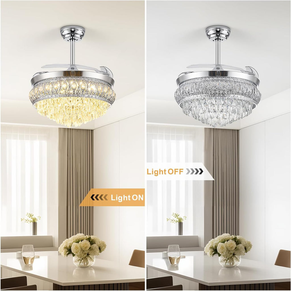 48' Fandelier Ceiling Fan with Light, Crystal Retractable Ceiling Fan with Lights and Remote, Chandelier Fans for Bedroom Living Room, Reversible DC Motor, Dimmable, 6 Speeds - Chrome
