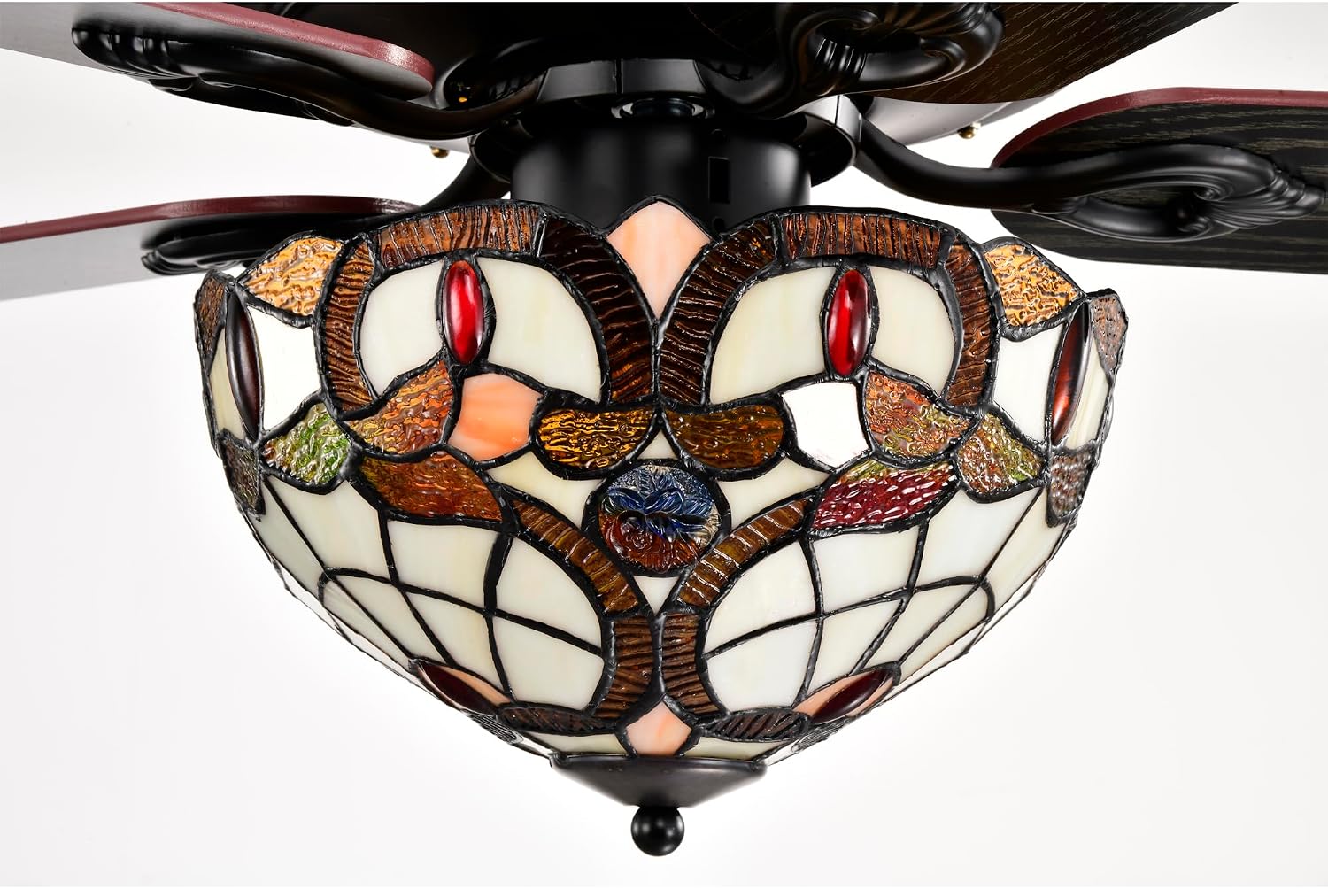Lars Black Tiffany Style Two Tiered Lighted Ceiling Fan White and Copper Shade with Remote Control