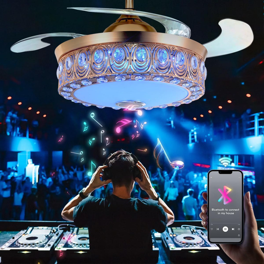 A Million Modern Fandelier Ceiling Fan with Light and Remote, 42'Gold Retractable Chandelier Ceiling Fans with Bluetooth Speaker 3 Speeds RGB LED Light Crystal Fandeliers for Dining Room Bedroom