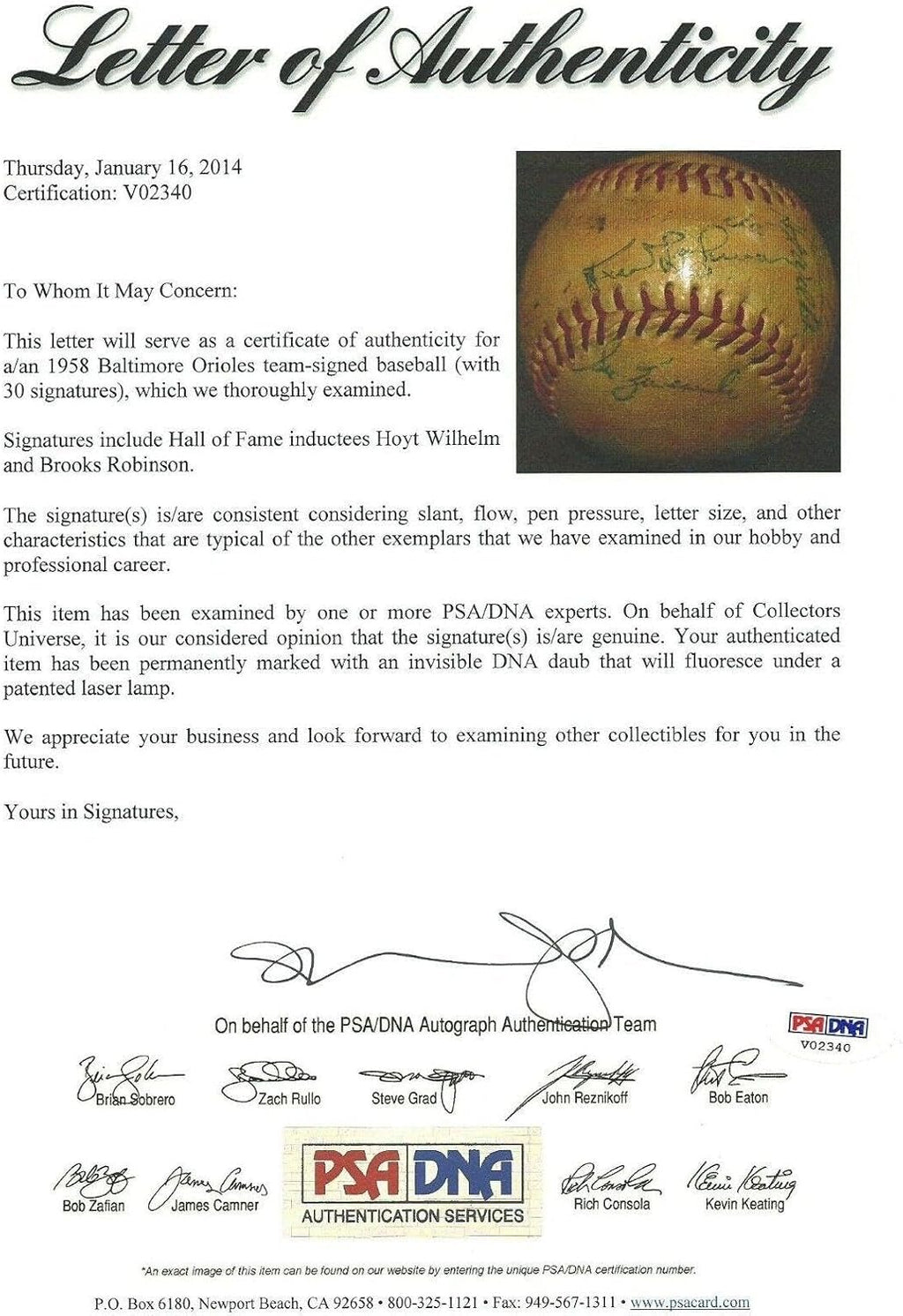 1958 Orioles 30x Team Signed Baseball PSA/DNA LOA Brooks Robinson & Hoyt Wilhelm - Autographed Baseballs