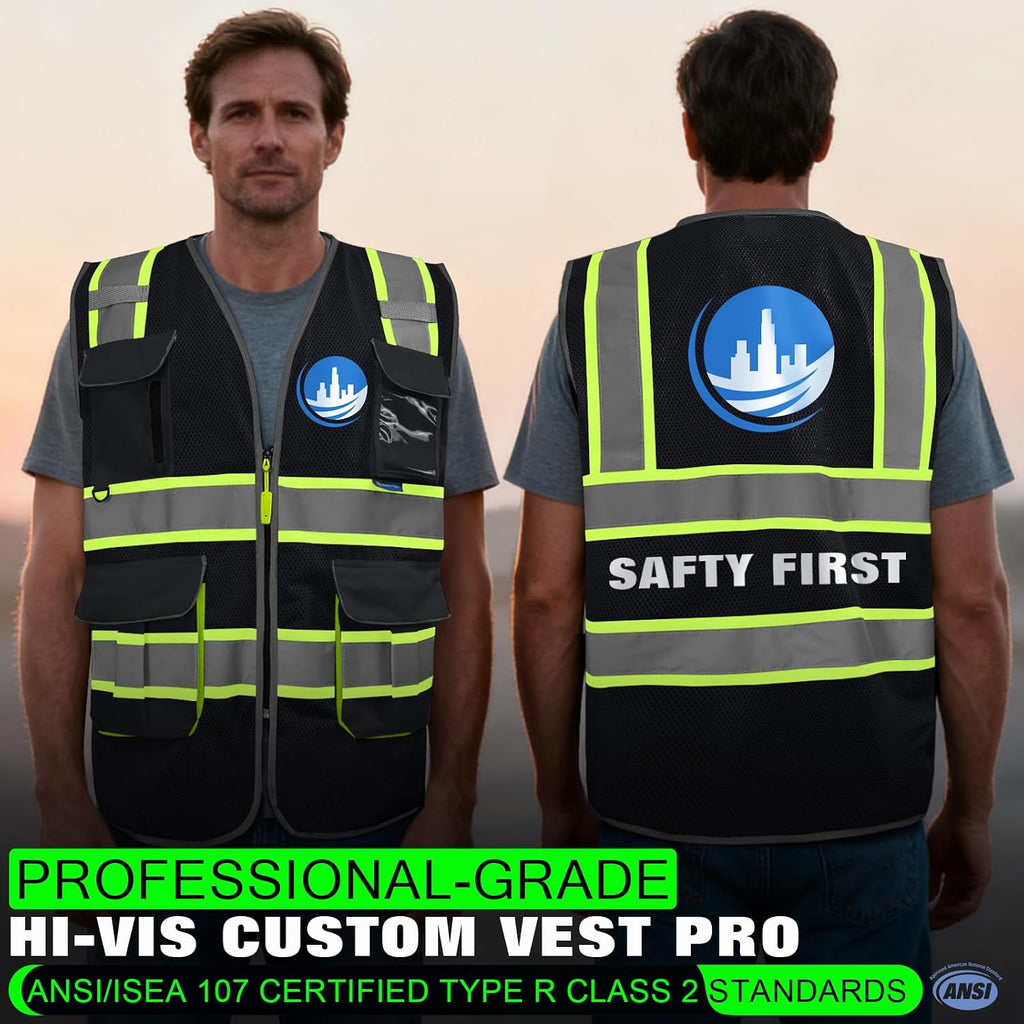 BeautyWill 5 Pack Safety Vest Class2 ANSI Certified Custom Logo High Visibility Reflective Vest for Men -10 Pockets Personalized Logo Heavy-Duty Work Vest（Mesh Black，L）