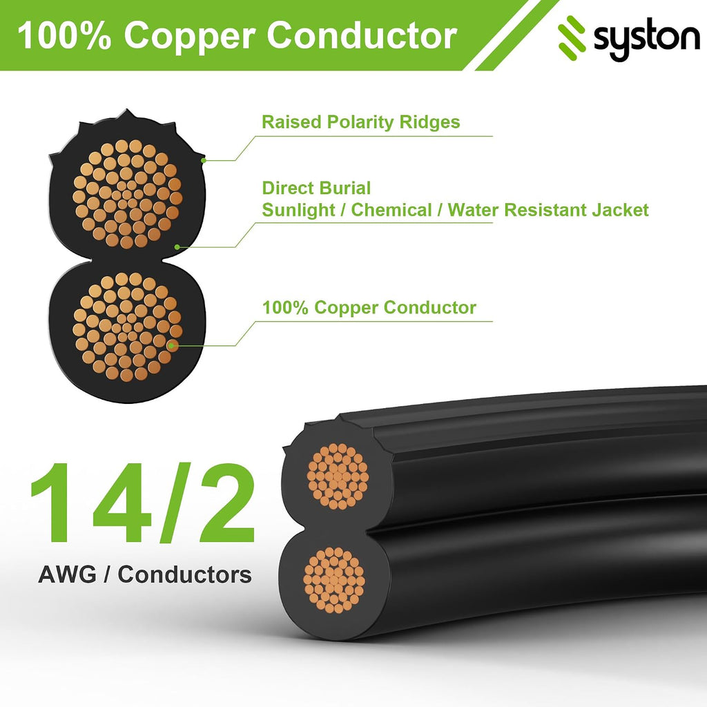 SYSTON 14/2 Low Voltage Landscape Lighting Direct Burial Stranded Wire Cable, 14 Gauge 2 Copper Conductors for Outdoor Spotlight Pathway Lighting and More Low Voltage Applications Use - 500 FT