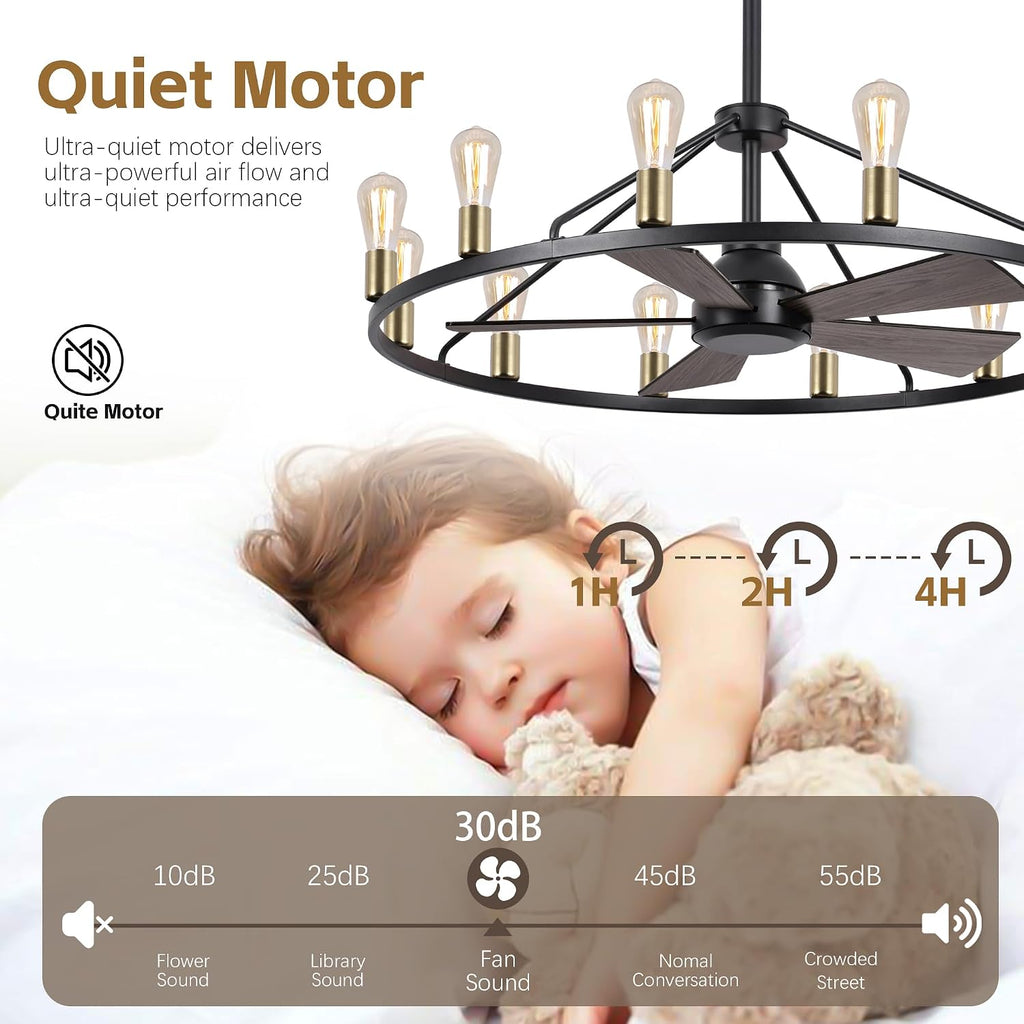 44'' Ceiling Fan with Light, Black Gold Wagon Wheel Chandelier, Large Farmhouse Fandelier Light Fixture, Chandelier for Living Room, Dining Room, Adjustable High Ceilings