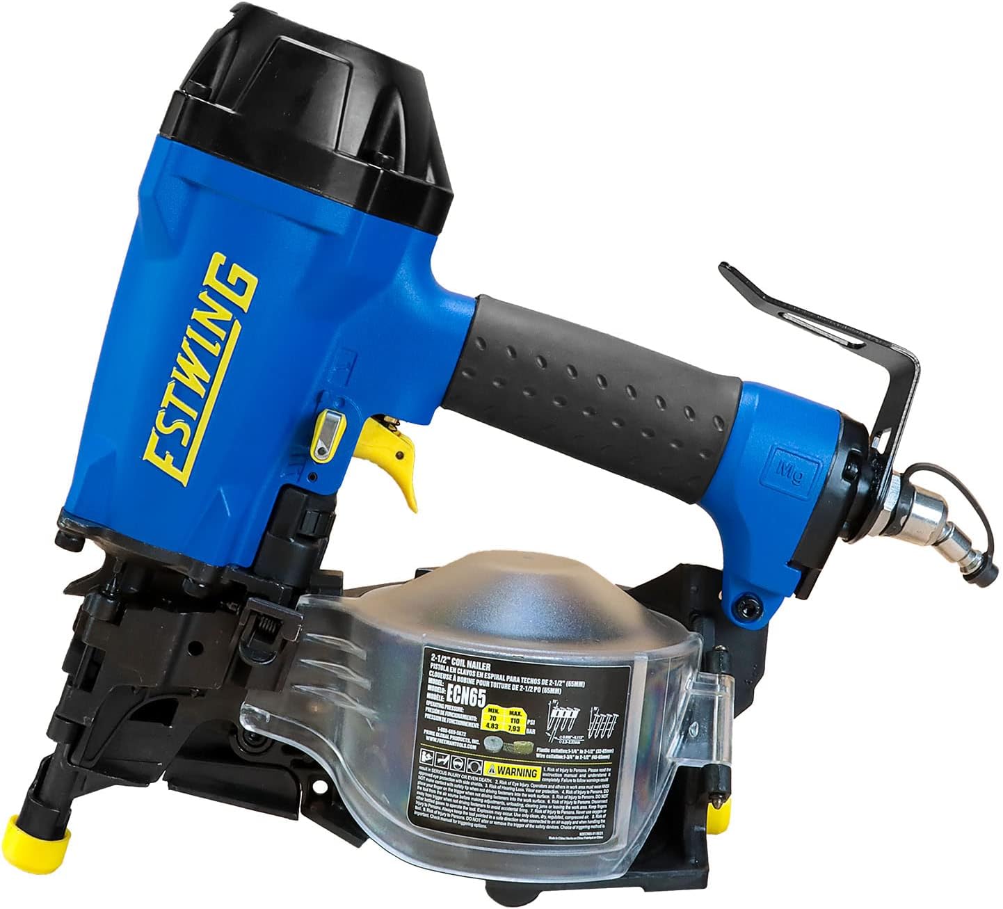 Estwing ECN65 Pneumatic 15 Degree 2-1/2' Coil Siding Nailer with Adjustable Metal Belt Hook, 1/4' NPT Industrial Swivel Fitting, and Bag