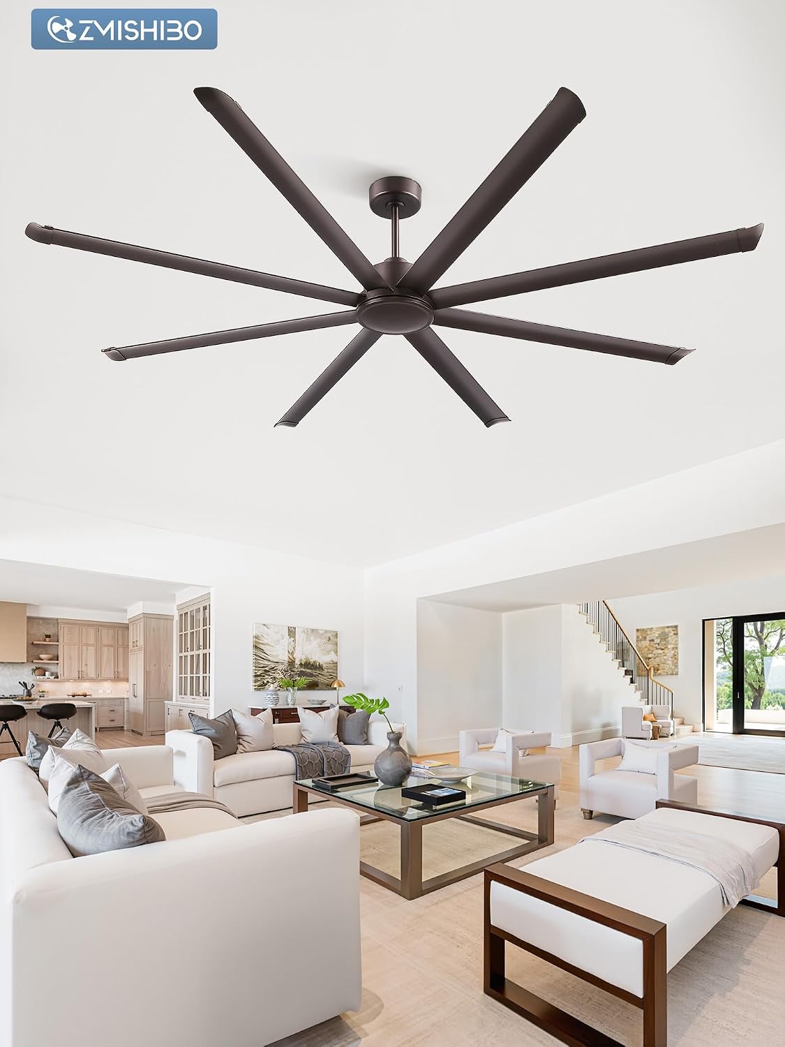 ZMISHIBO 96' Large Industrial Ceiling Fans No light with Aluminum 8 Blades, Commercial HVLS Ceiling Fan without Light,Quiet DC Motor,6 Speeds, Indoor Outdoor Ceiling Fan for Garage Shop, Oil Bronze