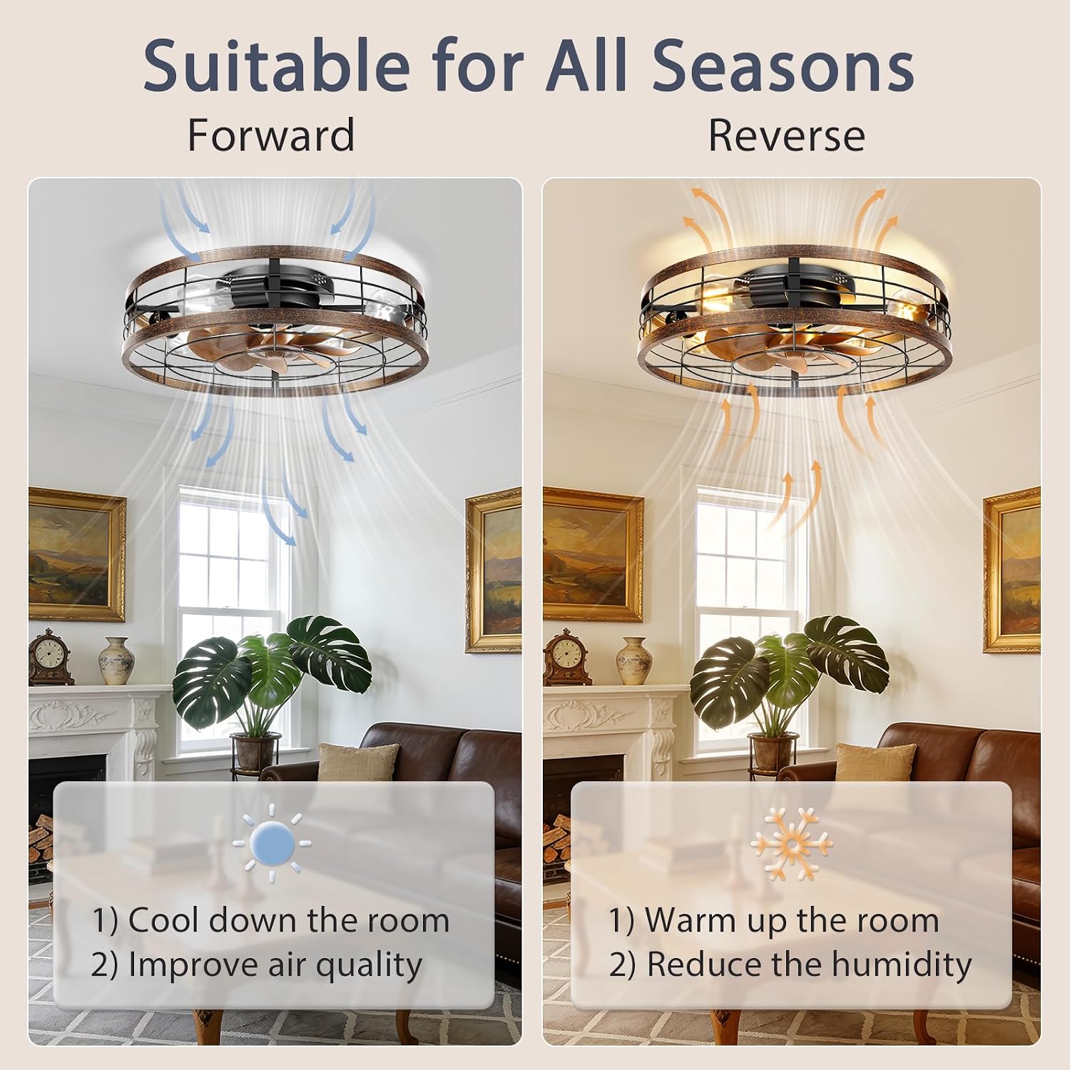 VOLISUN Farmhouse Caged Ceiling Fans with Lights Flush Mount, 23.6'' Rustic Low Profile Ceiling Fan with Light and Remote, Bladeless Fandelier Ceiling Fans with Lights for Kitchen, Bedroom-Gold