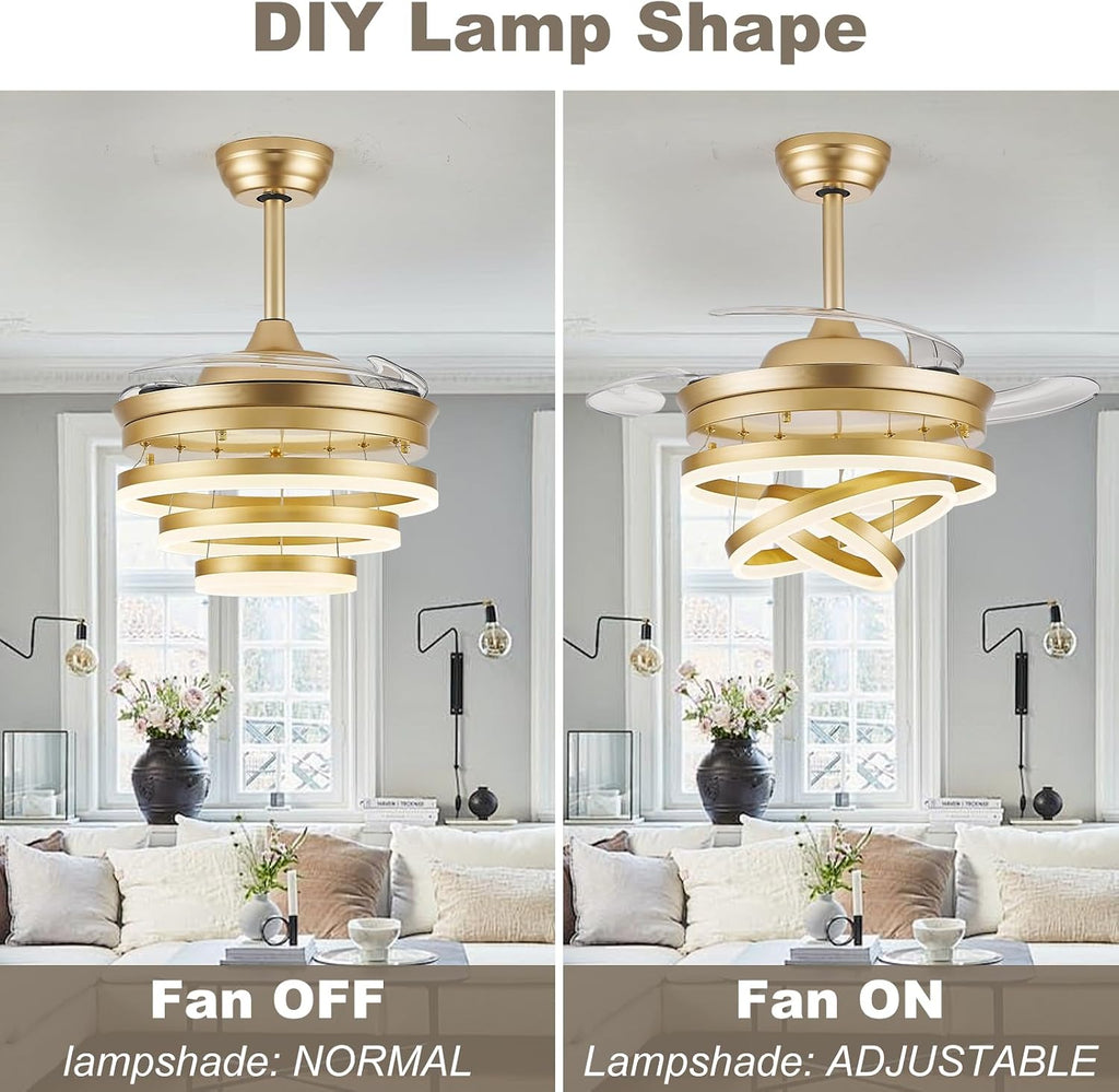 42 Inch Retractable Ceiling Fan with Lights, Gold Fandelier Ceiling Fans with Light and Remote, Reversible, 6 Speed Dimmable LED Chandelier Ceiling Fan for Bedroom Living Room Dining Room, 3000K-6000K