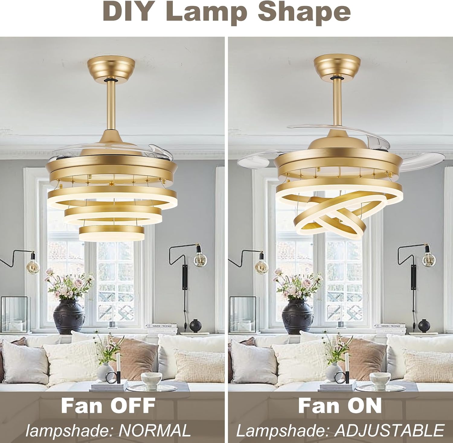 42 Inch Retractable Ceiling Fan with Lights, Gold Fandelier Ceiling Fans with Light and Remote, Reversible, 6 Speed Dimmable LED Chandelier Ceiling Fan for Bedroom Living Room Dining Room, 3000K-6000K