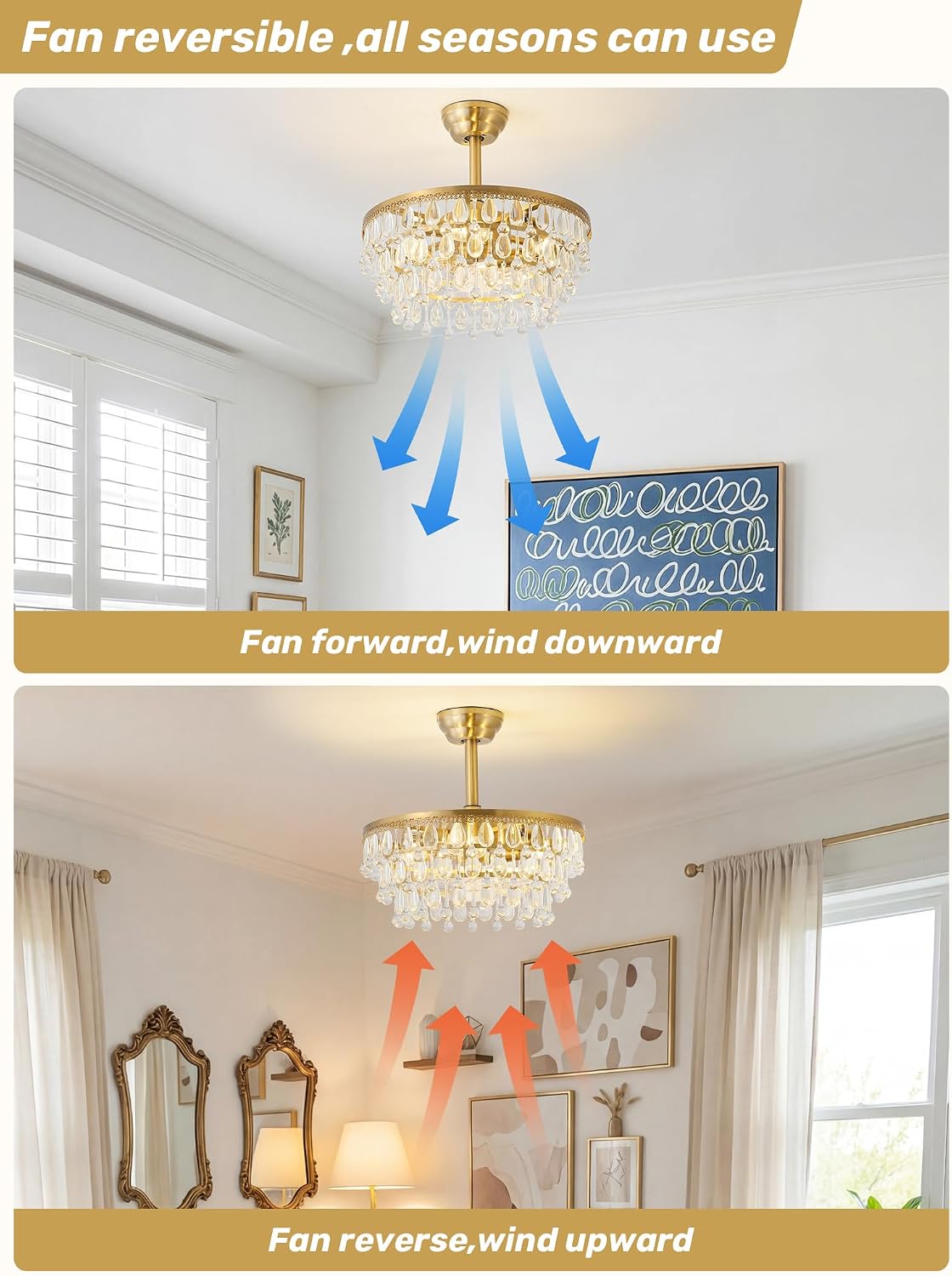 Gold Crystal Fandelier Ceiling Fan with Light, 20' Crystal Chandelier Ceiling Fans with Lights and Remote with 6 Speeds for Bedroom, Living Room, Nursery