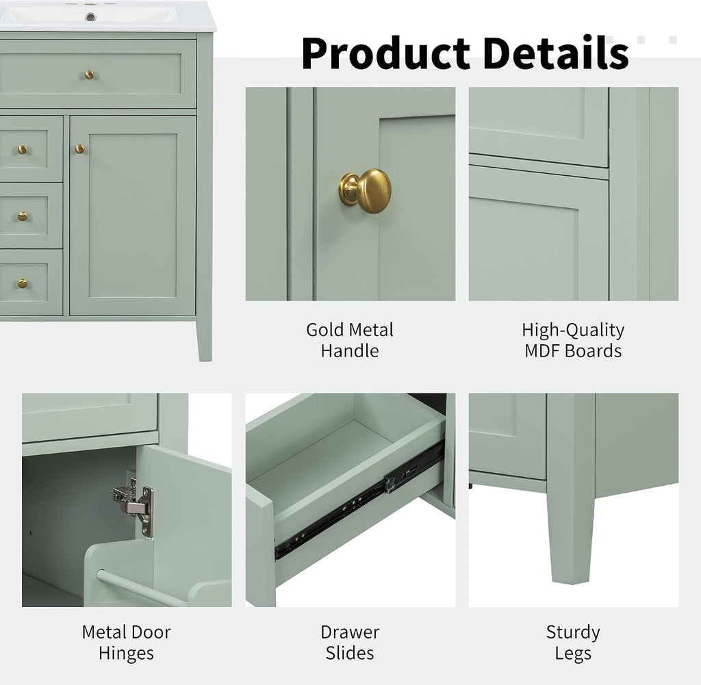 24' Bathroom Vanities Sink Set, Storage Cabinet with Multi-Functional Tip-Out Drawer and Adjustable Shelf, Soft-Closing Door, Solid Wood Legs, Green