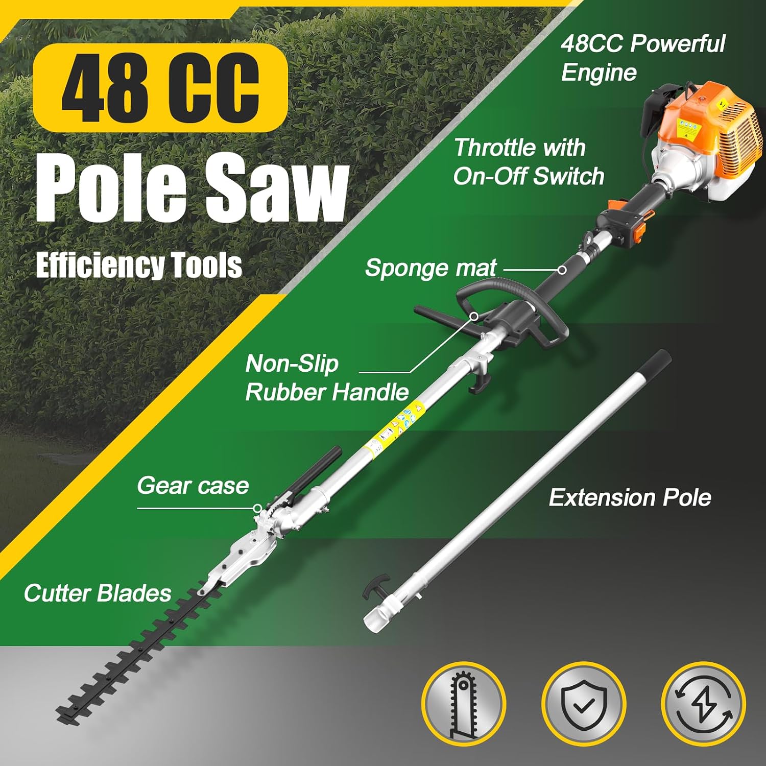 17'' Gas Hedge Trimmer, 48cc 2 Cycle Gas Powered Hedge Trimmer Brush Cutter,Pole Saw with Extension Pole Garden Trimming Tools for Tree Trimming and Branch Cutting (Maximum extends is 10.5FT)