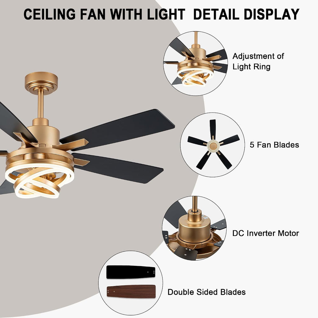 52' Ceiling Fans with Lights,Chandelier Fan with 6-Speed Dimmable LED and Reversible DC Motor,DIY Rings LED,Fandelier Ceiling Fan with 5 Dual Finish Blades for Living Room/Bedroom