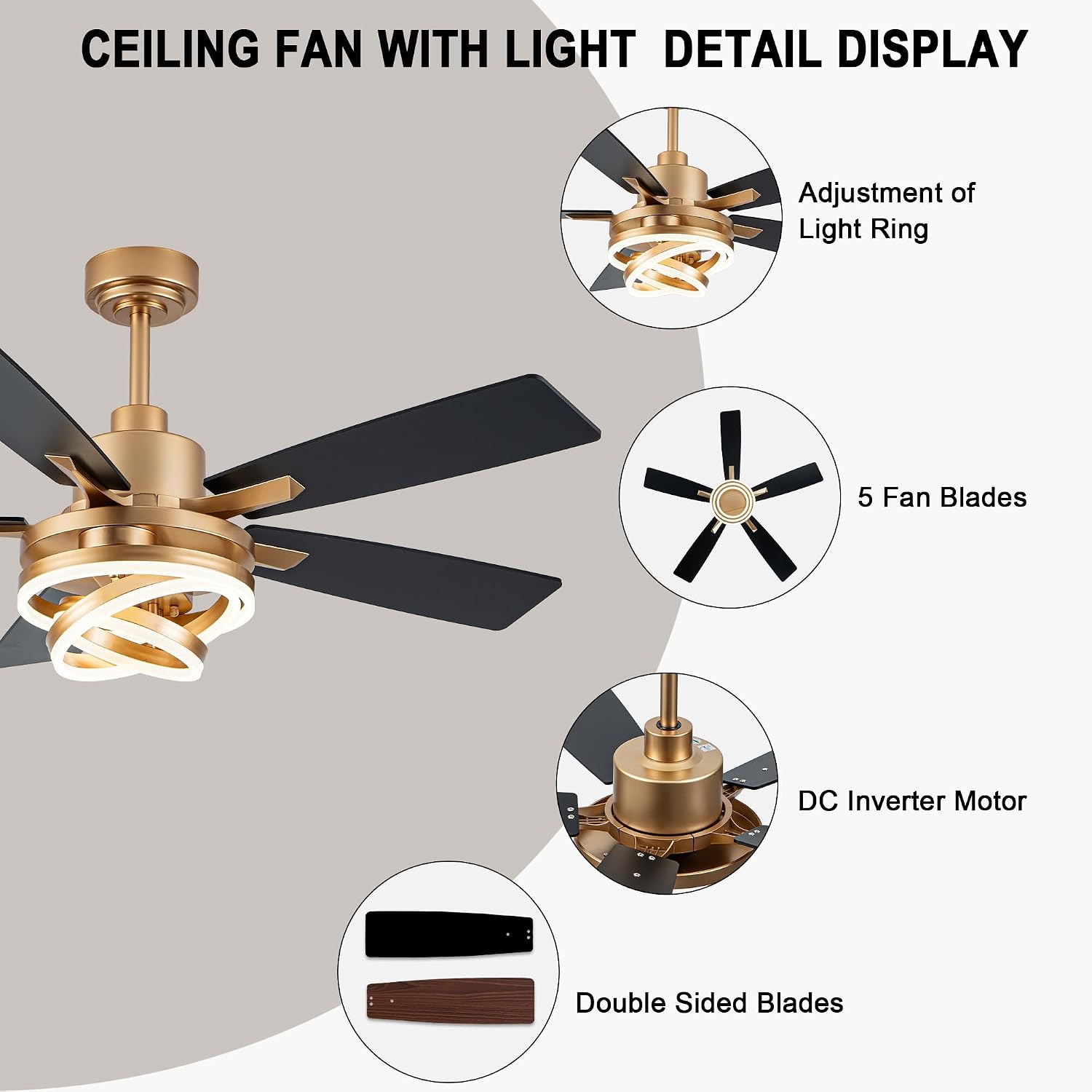 52' Ceiling Fans with Lights,Chandelier Fan with 6-Speed Dimmable LED and Reversible DC Motor,DIY Rings LED,Fandelier Ceiling Fan with 5 Dual Finish Blades for Living Room/Bedroom
