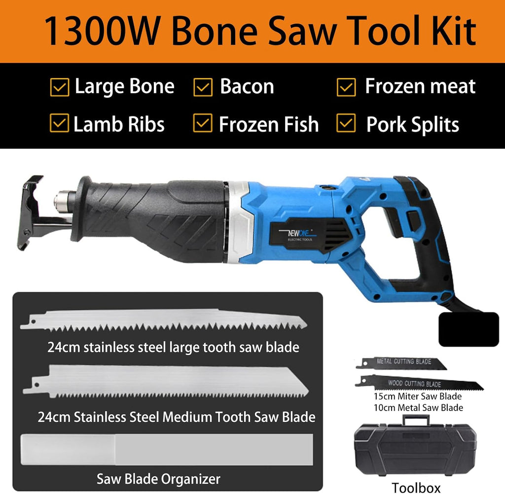 Electric Bone Saw 1050W Commercial Reciprocating Meat Cutter Hacksaw Handheld Cordless Tool 4 PCS Saw Blades for Wood Meat Bones Fish Lamb,1300W