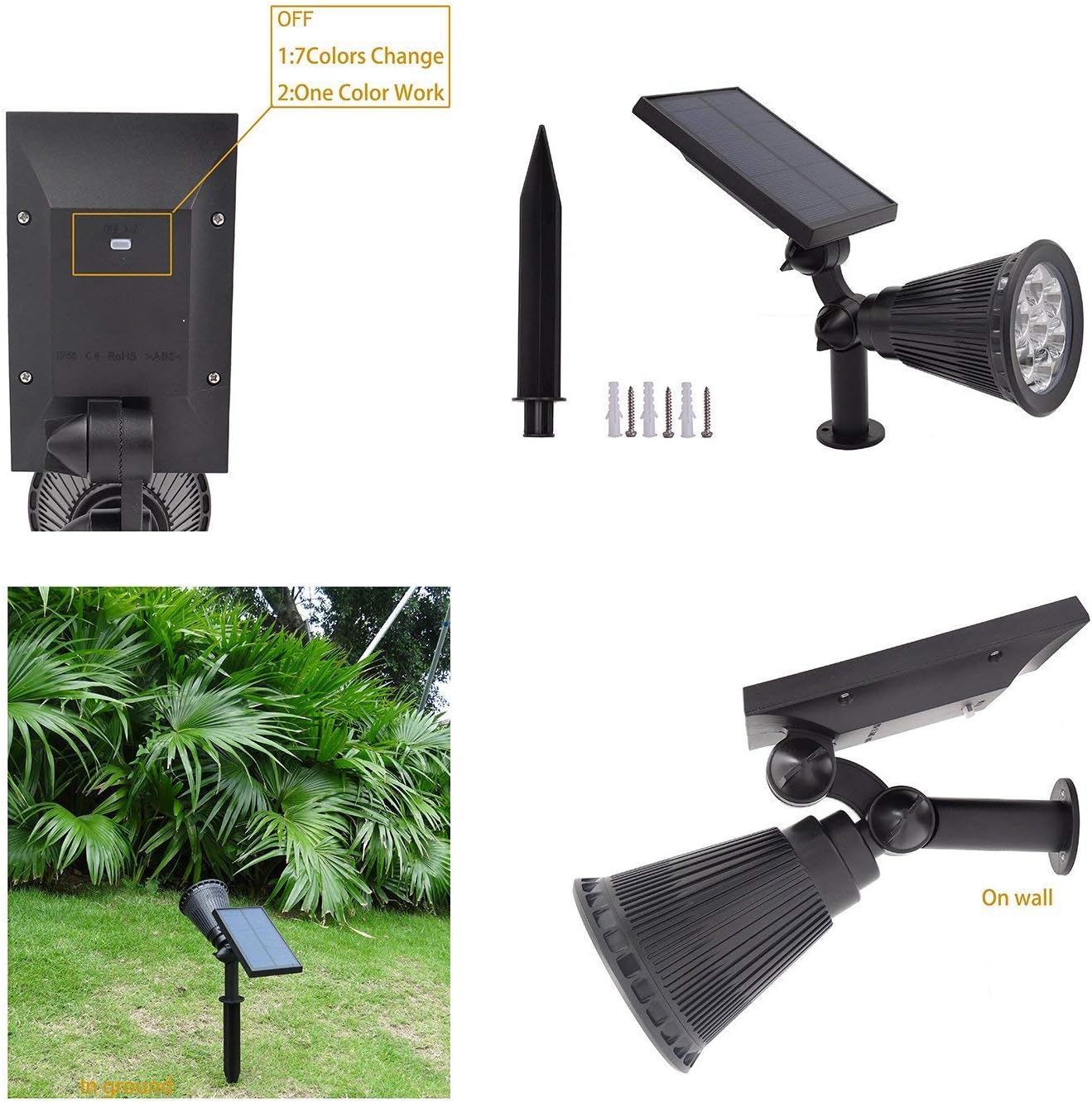 LED Color Changing Outdoor Solar Spotlight with Automatic On/Off 180° Rotatable Solar Panel Superbright Security Light Waterproof Solar for Garden Patio Porch Garage,