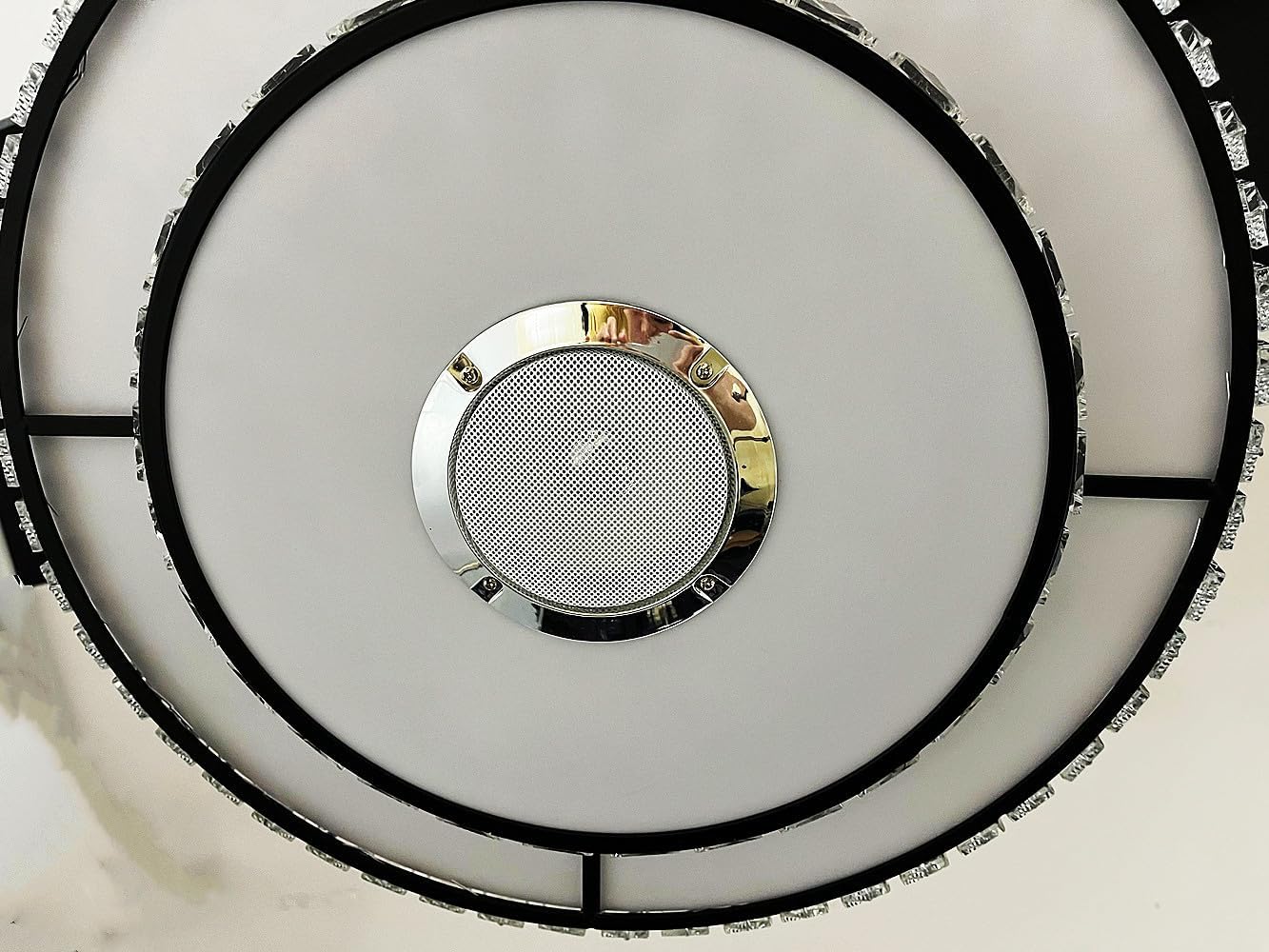 42''Black Crystal Ceiling Fan with Light, Modern 3 Speeds Changes 7 Colors Dimmable Fandelier Bluetooth Speaker Music Ceiling Fans Modern 2 Layers Crystal Light Fixture for Bedroom,Living Room
