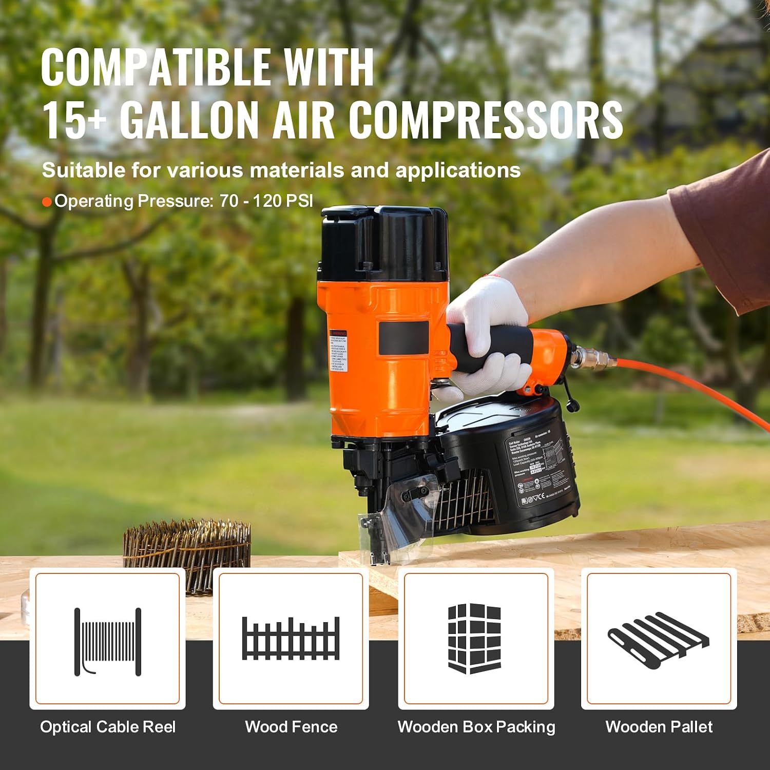 Happybuy Coil Siding/Framing Nailer CN83N, 2' to 3-1/4' 15 Degree Pneumatic Siding Nail Gun with Tool-Less Depth Adjustment, 70-120PSI Air Coil Nailer for Siding Sheathing Wooding Fencing Decking