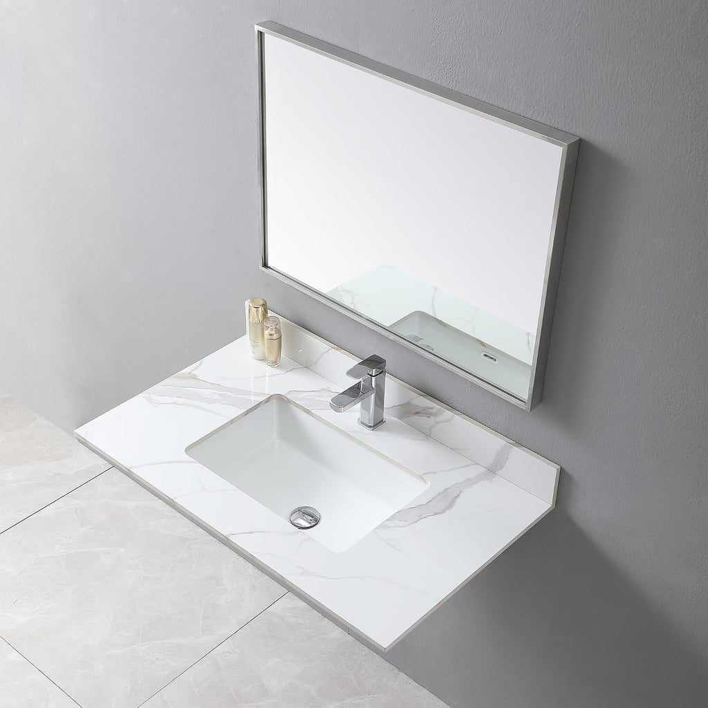 Montary 37'x 22' Bathroom Vanity Top with Undermounted Large Ceramic Sink & Backsplash, Sintered Stone Artificial Marble Vanity Sink Tops with 1 Pre-Drilled Hole, Carrara Gold