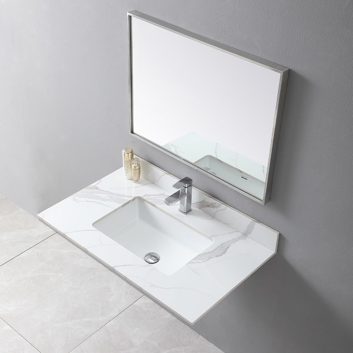 Montary 37'x 22' Bathroom Vanity Top with Undermounted Large Ceramic Sink & Backsplash, Sintered Stone Artificial Marble Vanity Sink Tops with 1 Pre-Drilled Hole, Carrara Gold
