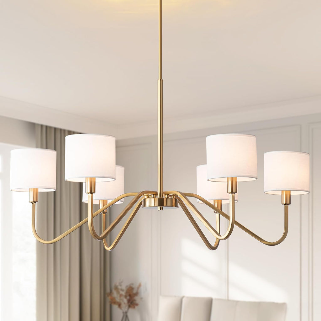 Modern Gold 6-Lights Chandelier, 39' Pendant Light with White Fabric Shade Adjustable Classic Chandelier Light Fixtures for Kitchen Island Dining & Living Room Entryway