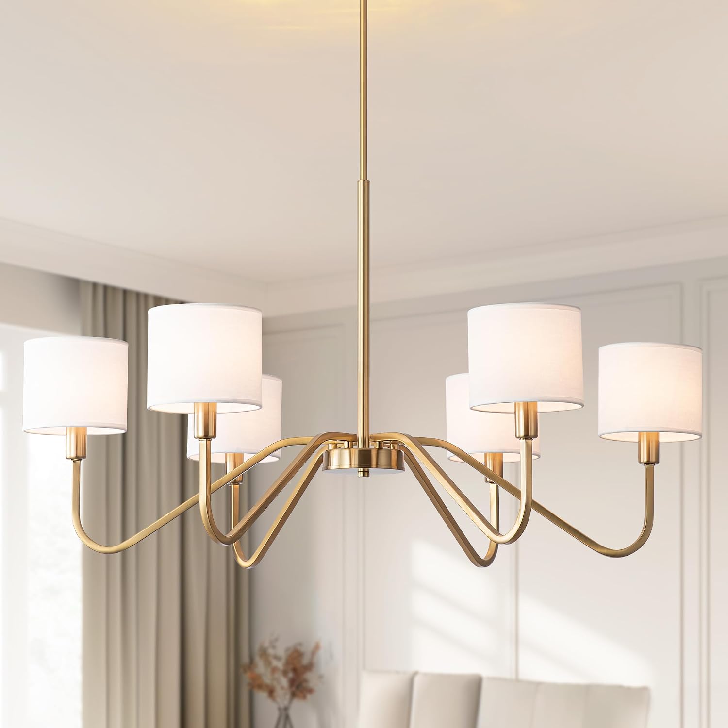 Modern Gold 6-Lights Chandelier, 39' Pendant Light with White Fabric Shade Adjustable Classic Chandelier Light Fixtures for Kitchen Island Dining & Living Room Entryway