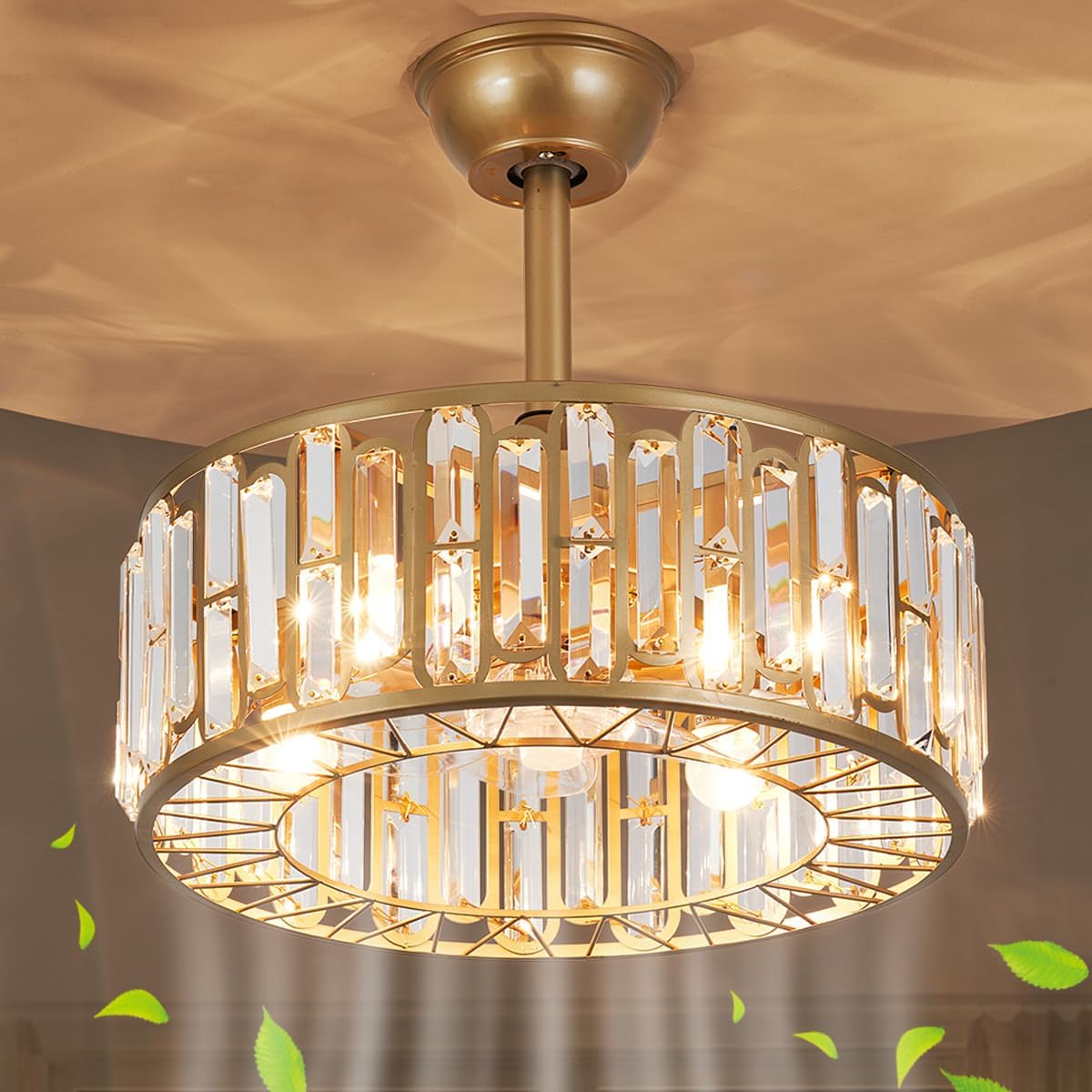 18.2' Crystal Caged Ceiling Fan with Light 4-Light Modern Fandelier Lighting Gold Ceiling Fan with Lights Reversible Remote Ceiling Fan Chandelier for Bedroom Living Room Dining Room Kitchen