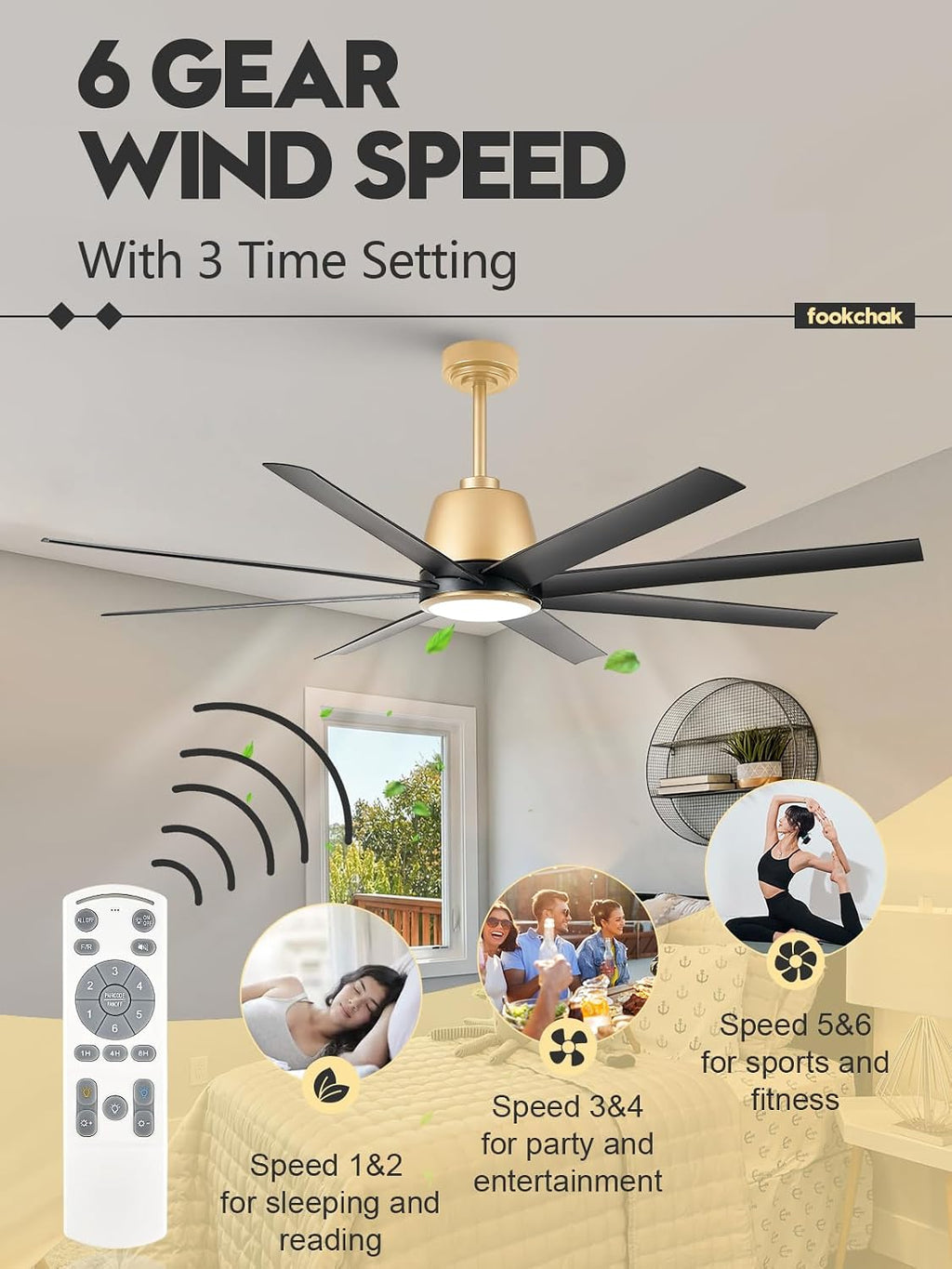 65in Black & Gold Ceiling Fan with Lights 8-Blade Outdoor Ceiling Fan for Patio Ceiling Fan Light with Remote Control, Reversible Airflow Ceiling Fan for Garage Master Bedroom
